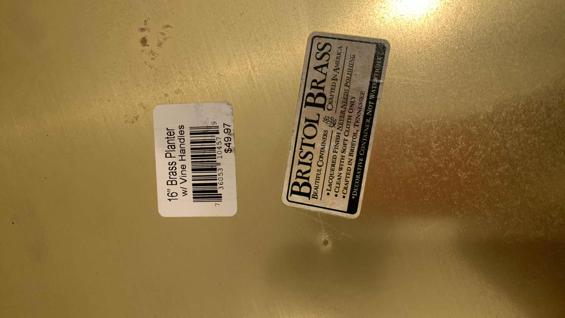 Photo 1 of BRASS PLANTER W HANDLES AND FAUX PLANT, 16 x H44”