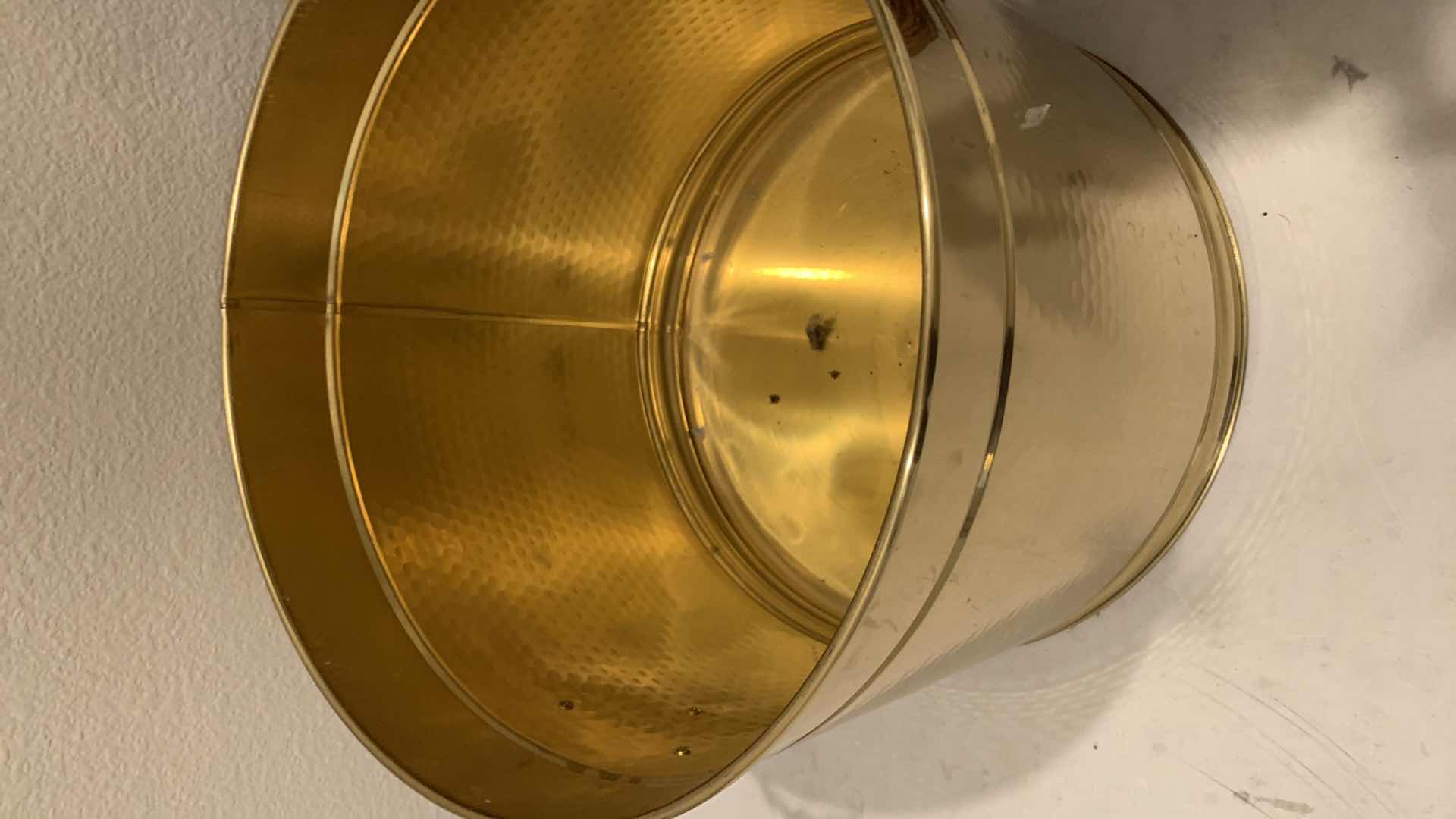 Photo 1 of BRASS PLANTER W HANDLES AND FAUX PLANT, 16 x H44”