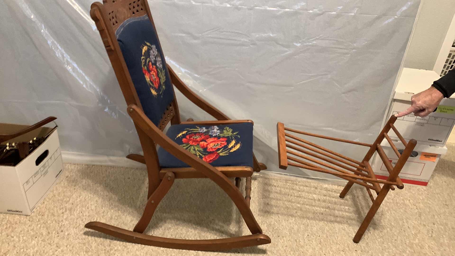 Photo 1 of 19th Century WOOD W BURL AND WALNUT INLAY, FOLDING ROCKING CHAIR W FOLDING FOOTREST.