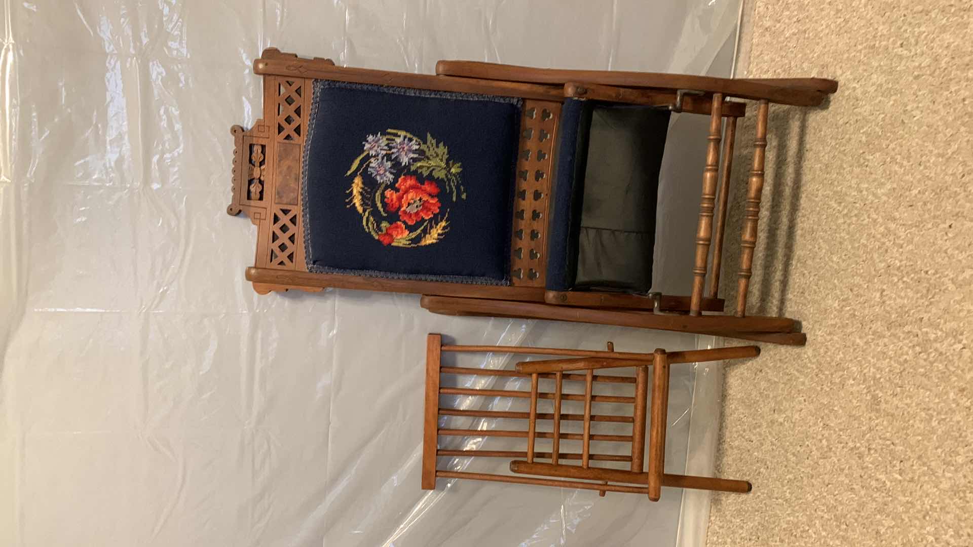 Photo 1 of 19th Century WOOD W BURL AND WALNUT INLAY, FOLDING ROCKING CHAIR W FOLDING FOOTREST.