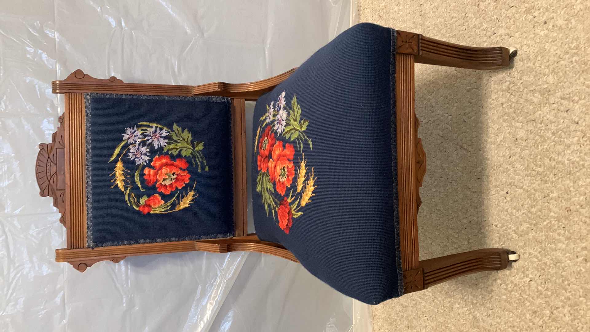 Photo 7 of 19th Century Antique WOOD Needlepoint Chair Victorian with FLOWERS