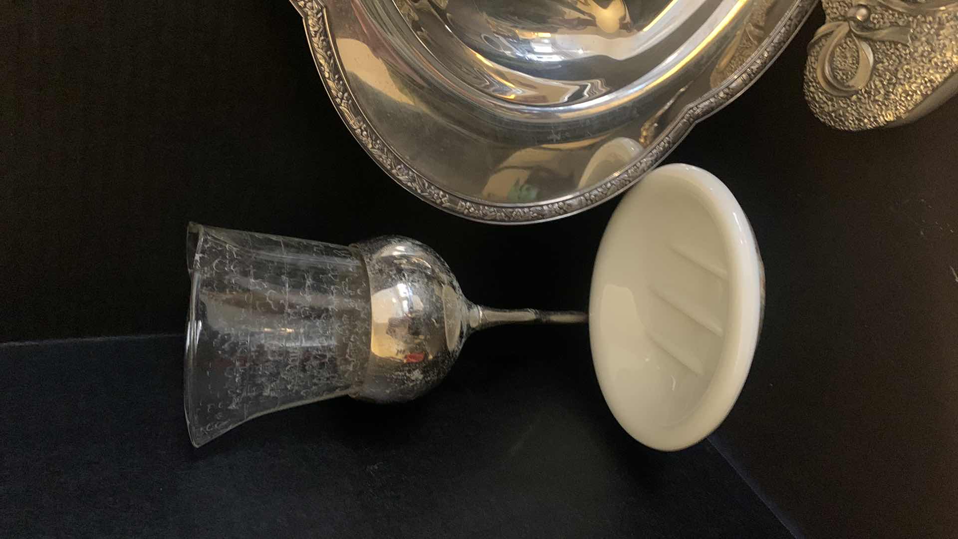 Photo 2 of HOME DECOR COLLECTIBLES, SILVER PLATED TRAY, TERRA ROSE POTTERY VASE, PEWTER MUG AND MORE