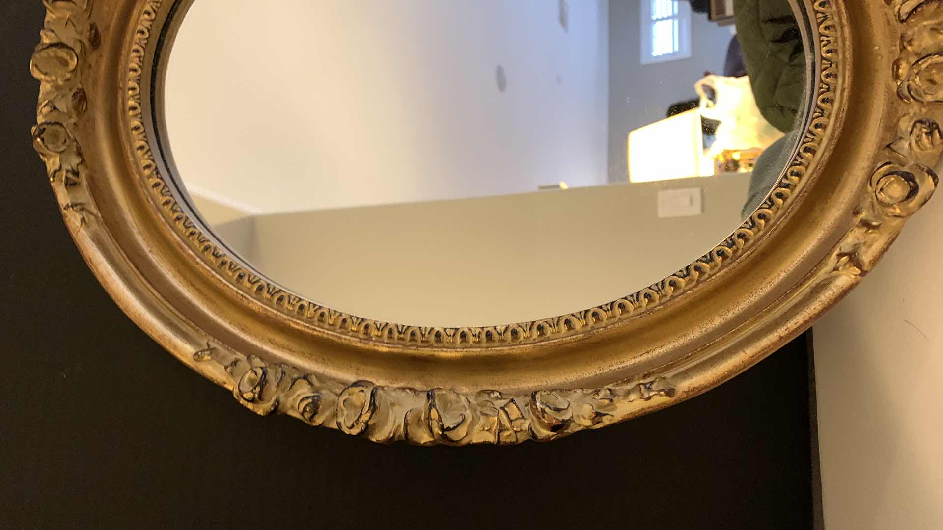 Photo 1 of ORNATE GOLD OVAL MIRROR, 15” x H17”