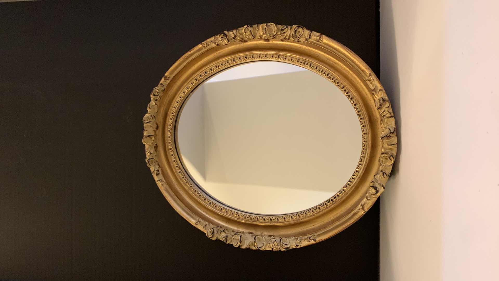 Photo 1 of ORNATE GOLD OVAL MIRROR, 15” x H17”