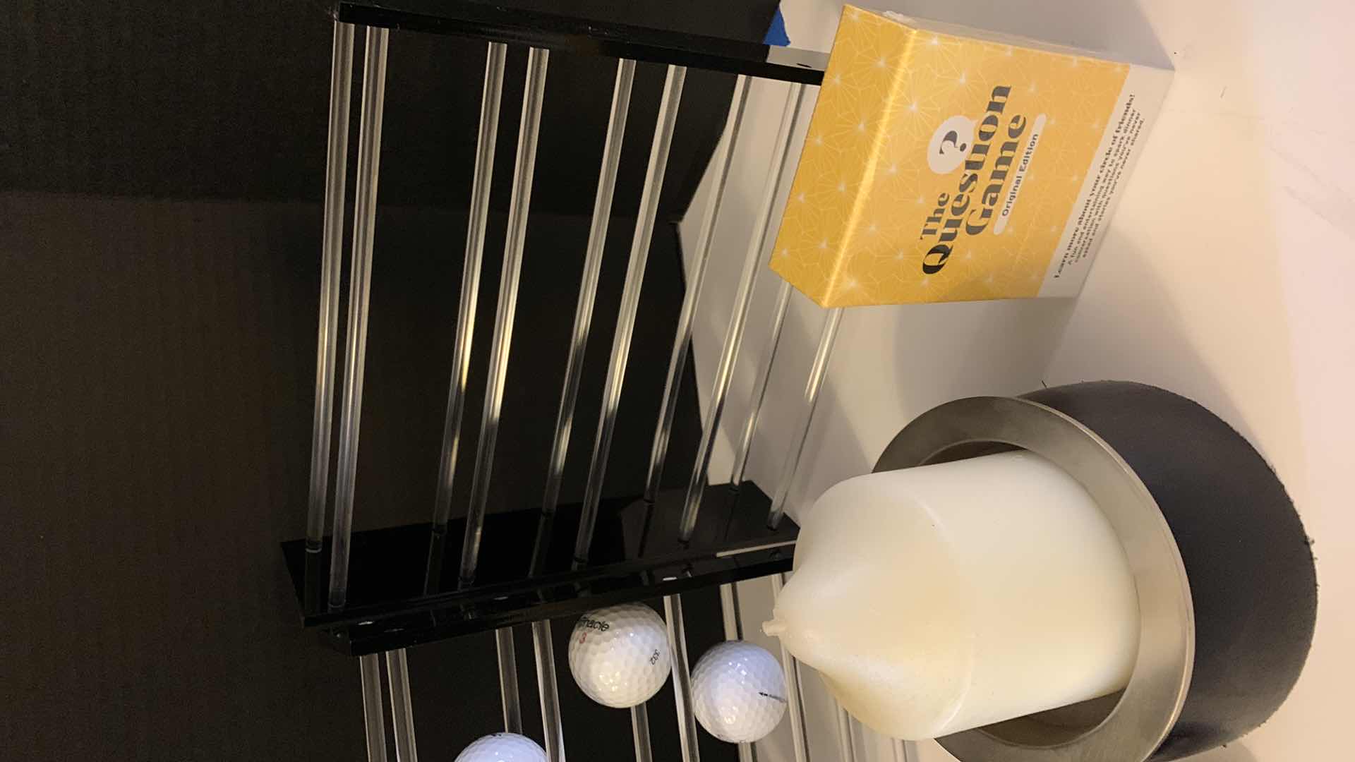 Photo 1 of MISC HOME ASSORTMENT, GOLF BALL HOLDERS (BALLS NOT INCLUDED) ALARM CLOCK AND MORE