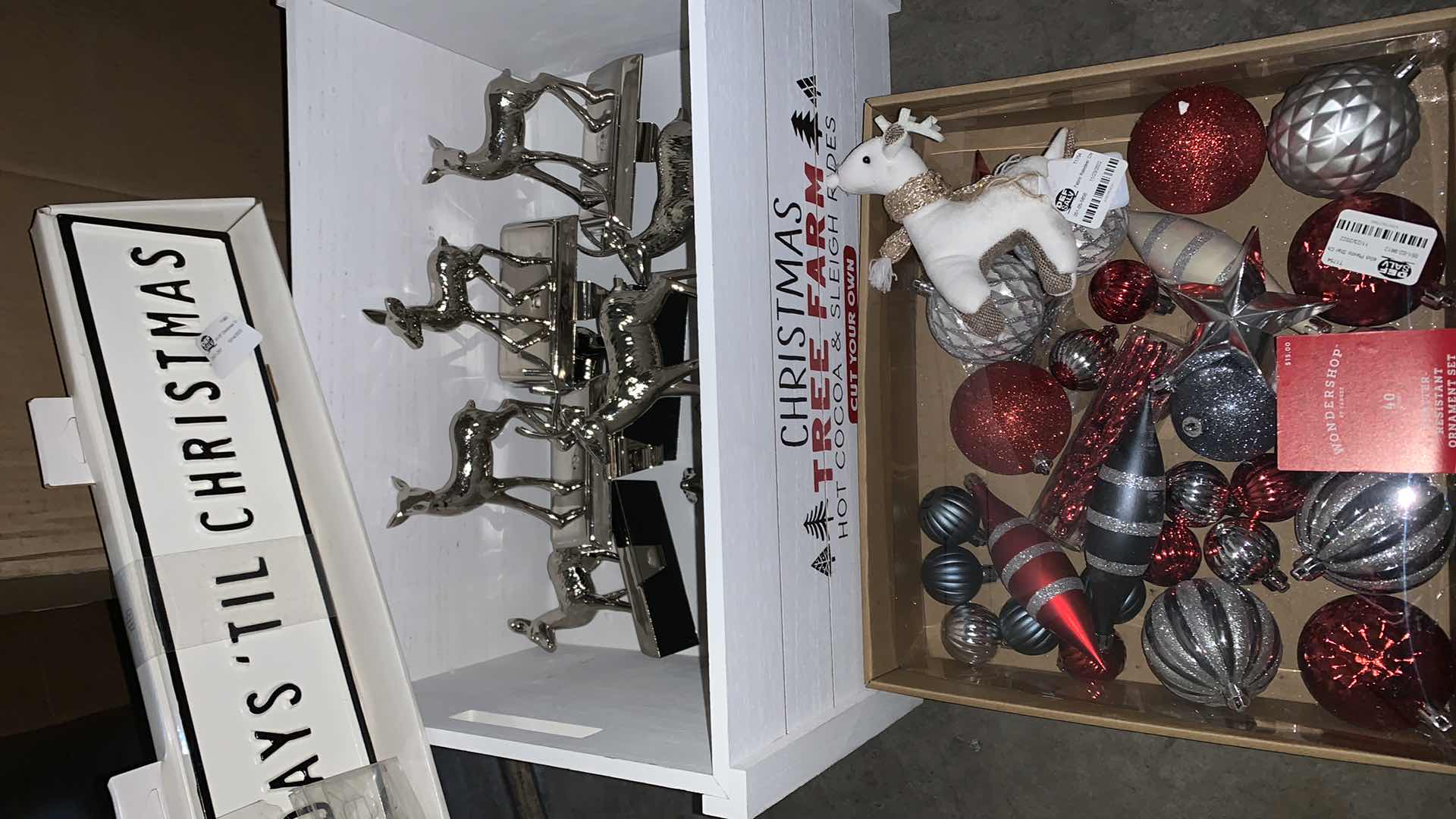 Photo 1 of BOX OF CHRISTMAS ITEMS, 2 SETS OF 4 REINDEER STOCKING HOLDER