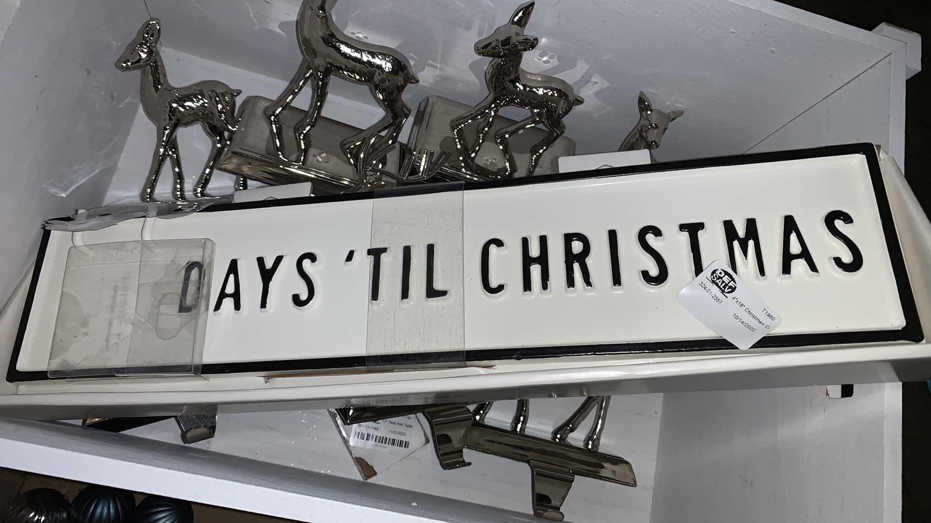 Photo 1 of BOX OF CHRISTMAS ITEMS, 2 SETS OF 4 REINDEER STOCKING HOLDER