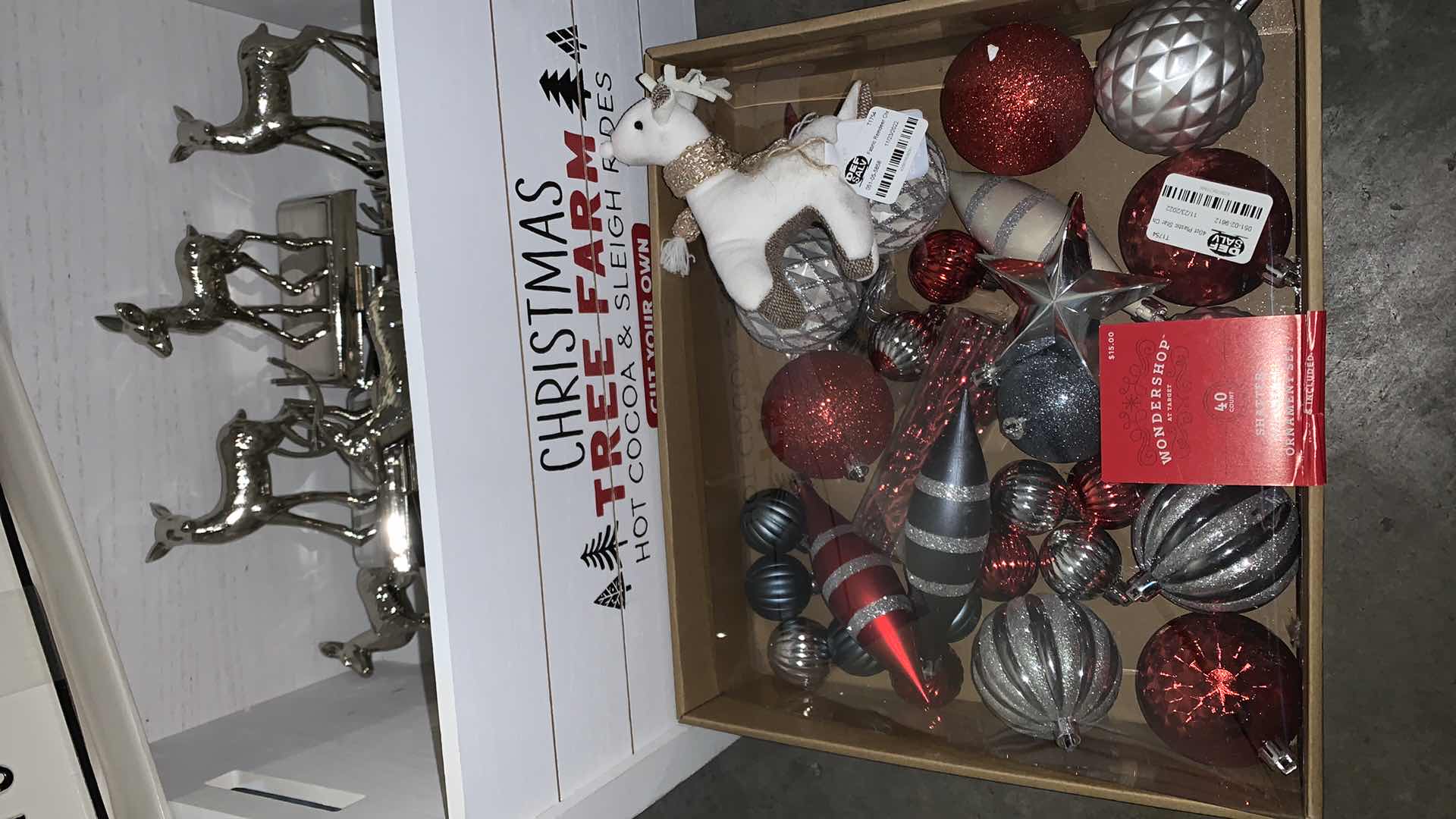 Photo 1 of BOX OF CHRISTMAS ITEMS, 2 SETS OF 4 REINDEER STOCKING HOLDER