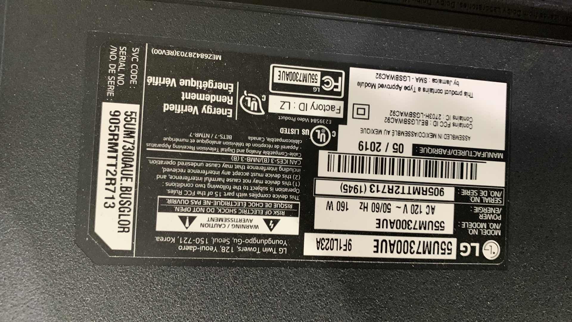 Photo 1 of 55” LG FLAT SCREEN TV NO REMOTE