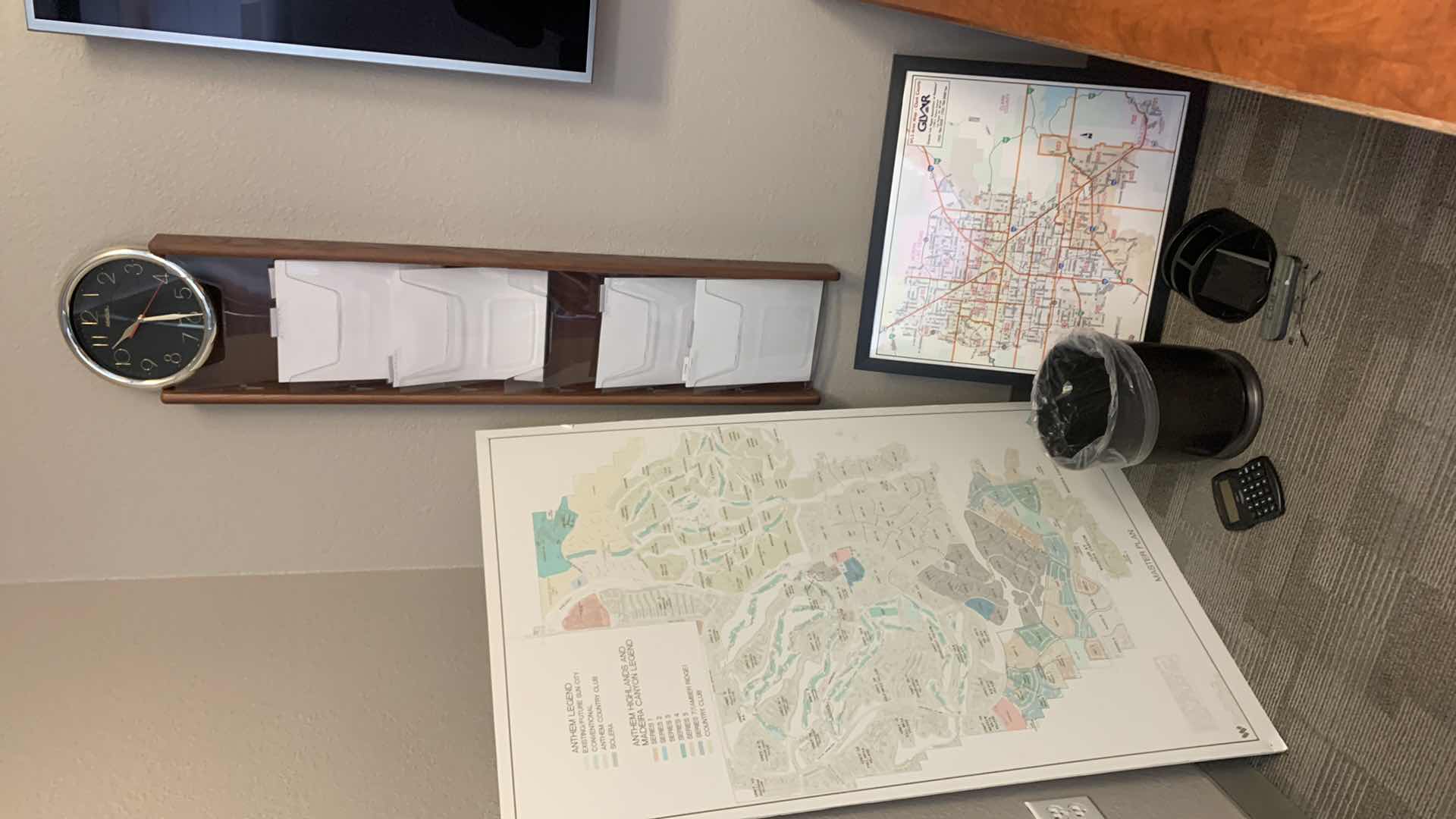 Photo 1 of OFFICE SUPPLIES -  MAPS, METAL TRASH CAN, WOOD WALL 6 SLOT FILE/PAPER ORGANIZER, CALCULATOR READING GLASSES