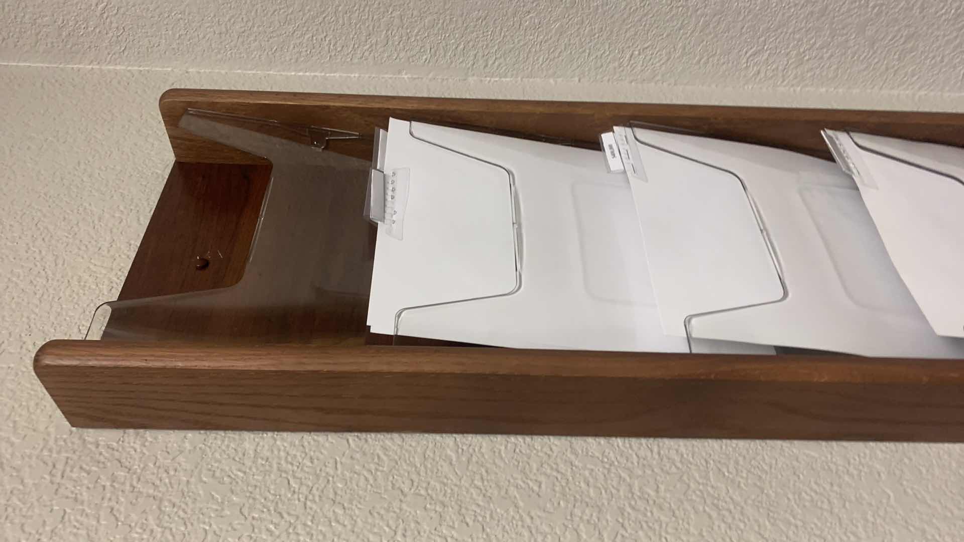 Photo 1 of OFFICE SUPPLIES -  WOOD WALL 6 SLOT FILE/PAPER ORGANIZER, LOGITECH  KEYBOARD AND MOUSE, READING GLASSES