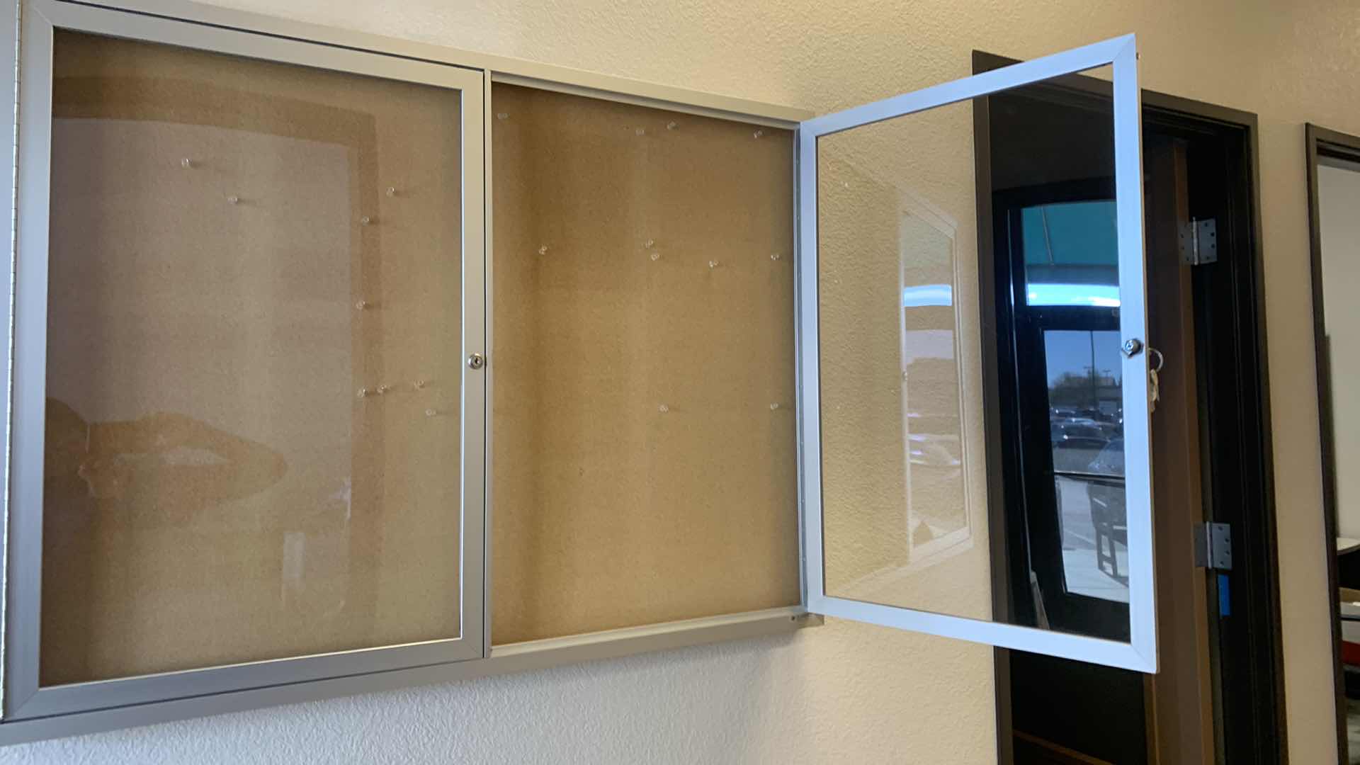 Photo 4 of METAL LOCKING W KEYS, DISPLAY CASE WITH CORK BOARD AND PUSH PINS 48” x 36”