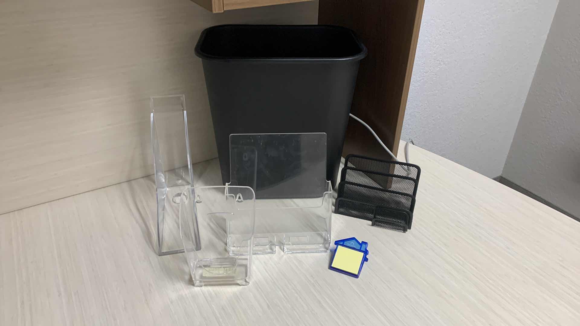 Photo 1 of OFFICE SUPPLIES 6 ITEMS, ACRYLIC STANDS, WASTEBASKET AND MORE