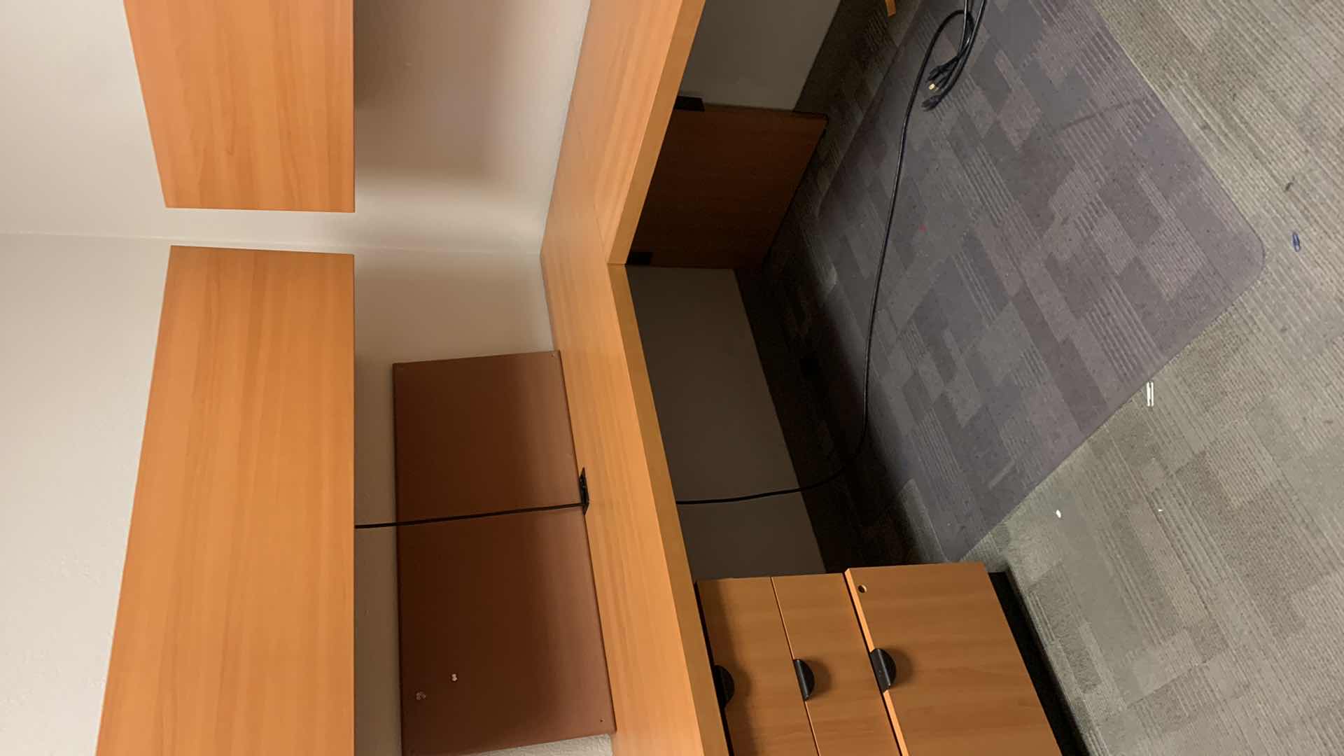 Photo 1 of MAGNA DESIGN LAS VEGAS WOOD WORK STATION/ OFFICE CORNER DESK UNIT TWO LOWER DESKS  72” x 24 WITH FILE CABINETS, TWO SOUND BOARDS AND THREE UPPER CABINETS WITH LIGHTS AND METAL DIVIDERS