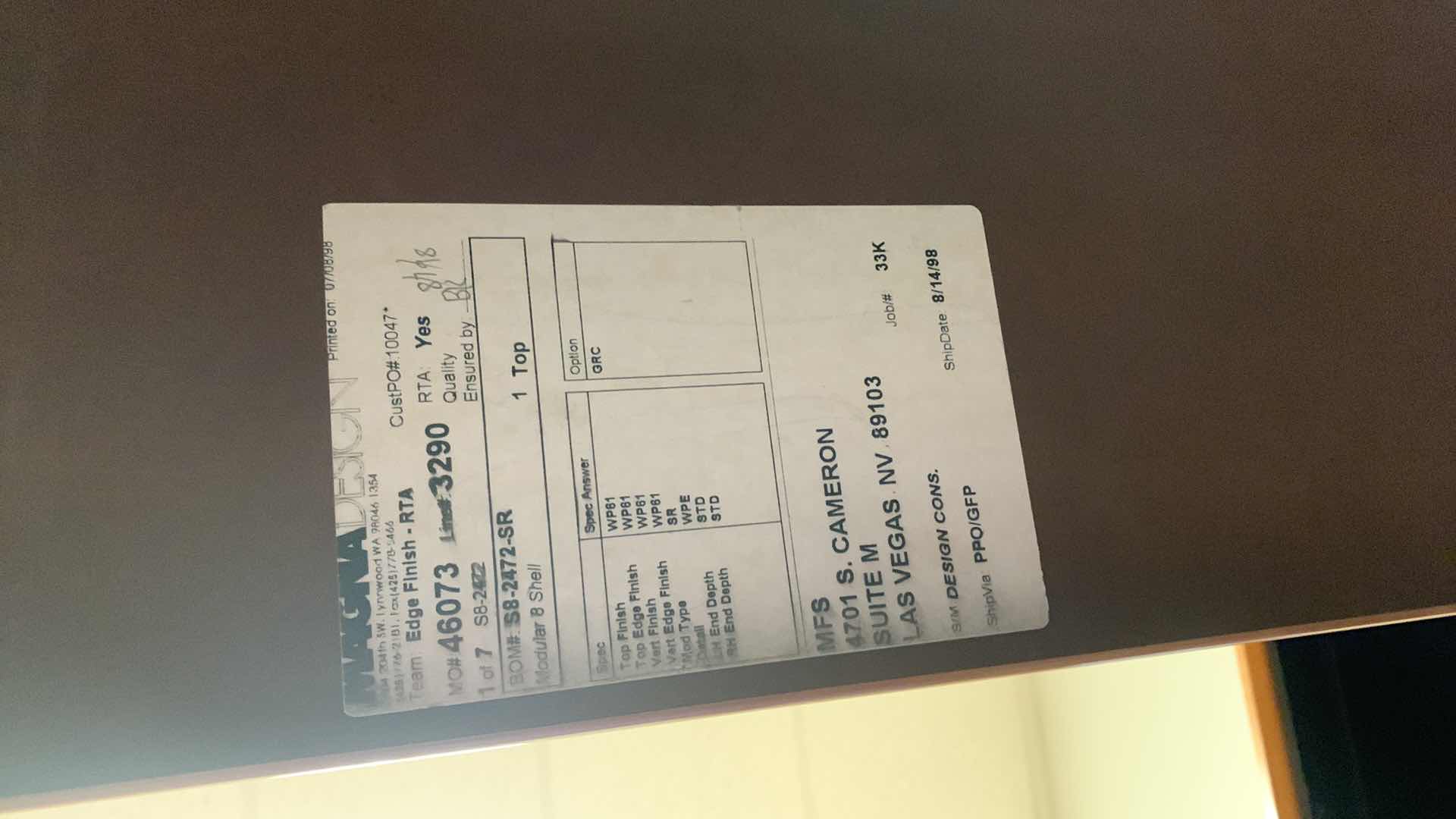 Photo 1 of MAGNA DESIGN LAS VEGAS WOOD WORK STATION/ OFFICE CORNER DESK UNIT TWO LOWER DESKS  72” x 24 WITH FILE CABINETS, TWO SOUND BOARDS AND THREE UPPER CABINETS WITH LIGHTS AND METAL DIVIDERS