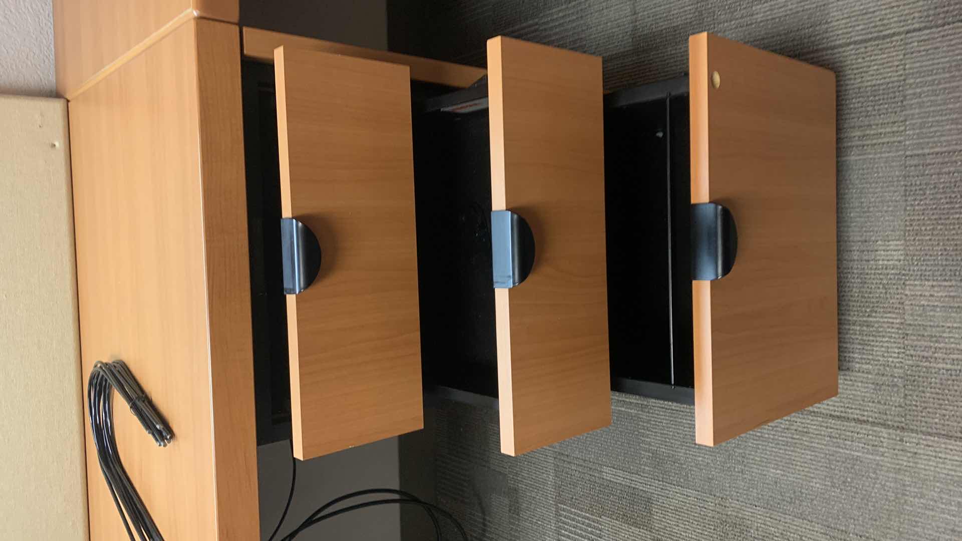 Photo 1 of MAGNA DESIGN LAS VEGAS WOOD WORK STATION/ OFFICE CORNER DESK UNIT TWO LOWER DESKS  72” x 24 WITH FILE CABINETS, TWO SOUND BOARDS AND THREE UPPER CABINETS WITH LIGHTS AND METAL DIVIDERS