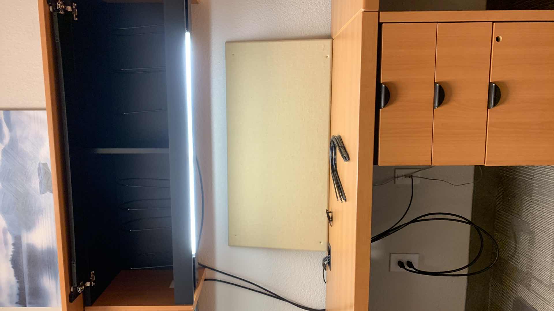 Photo 1 of MAGNA DESIGN LAS VEGAS WOOD WORK STATION/ OFFICE CORNER DESK UNIT TWO LOWER DESKS  72” x 24 WITH FILE CABINETS, TWO SOUND BOARDS AND THREE UPPER CABINETS WITH LIGHTS AND METAL DIVIDERS