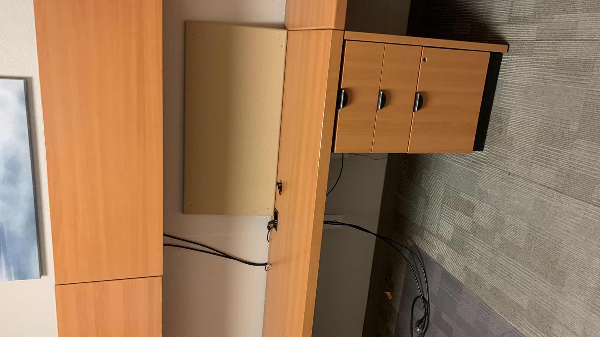 Photo 1 of MAGNA DESIGN LAS VEGAS WOOD WORK STATION/ OFFICE CORNER DESK UNIT TWO LOWER DESKS  72” x 24 WITH FILE CABINETS, TWO SOUND BOARDS AND THREE UPPER CABINETS WITH LIGHTS AND METAL DIVIDERS