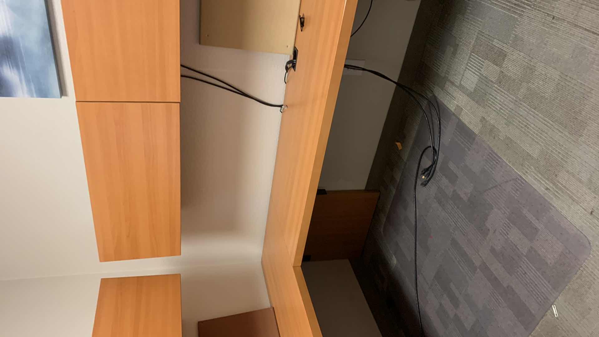 Photo 1 of MAGNA DESIGN LAS VEGAS WOOD WORK STATION/ OFFICE CORNER DESK UNIT TWO LOWER DESKS  72” x 24 WITH FILE CABINETS, TWO SOUND BOARDS AND THREE UPPER CABINETS WITH LIGHTS AND METAL DIVIDERS