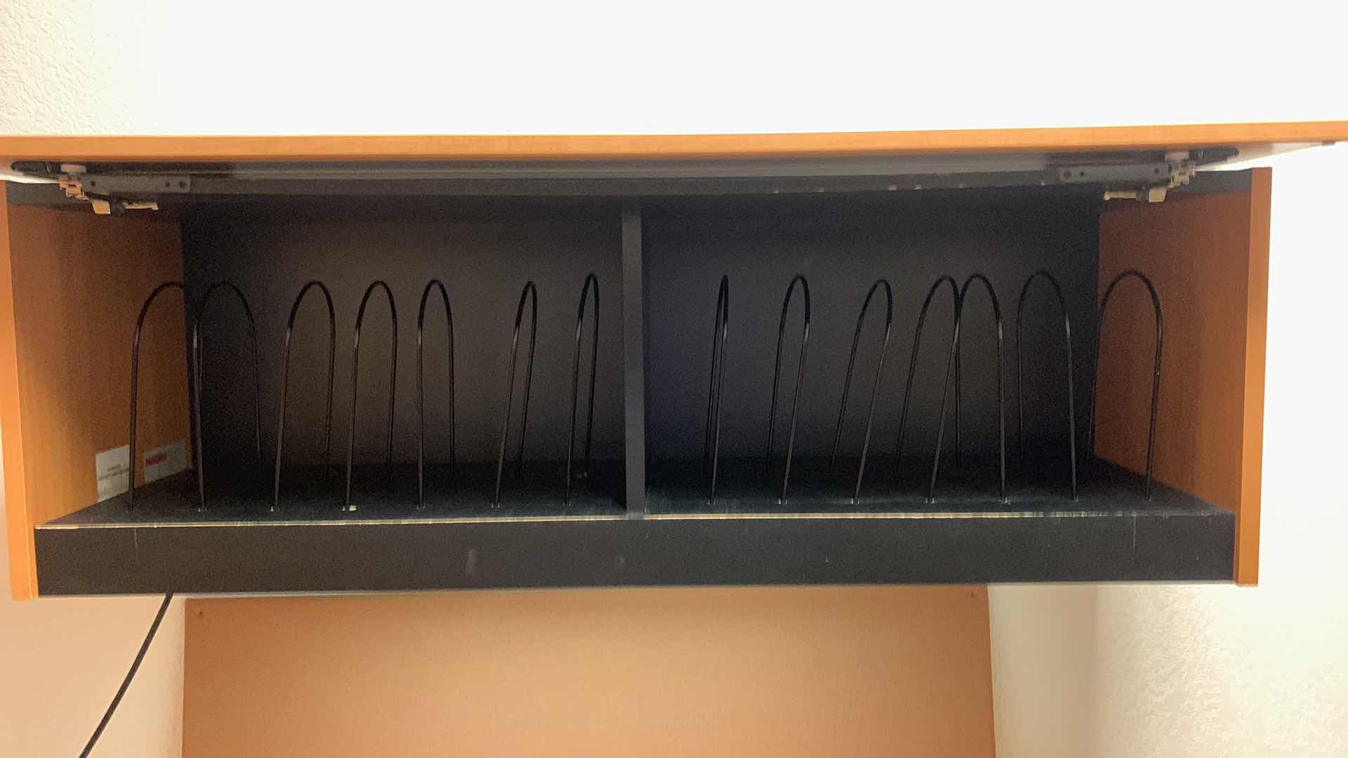 Photo 1 of MAGNA DESIGN LAS VEGAS WOOD WORK STATION/ OFFICE CORNER DESK UNIT 
ONE LOWER DESK  72” x 24” WITH RETURN 52” x 24”, ONE SOUND BOARD AND TWO UPPER CABINETS WITH LIGHTS AND METAL DIVIDERS