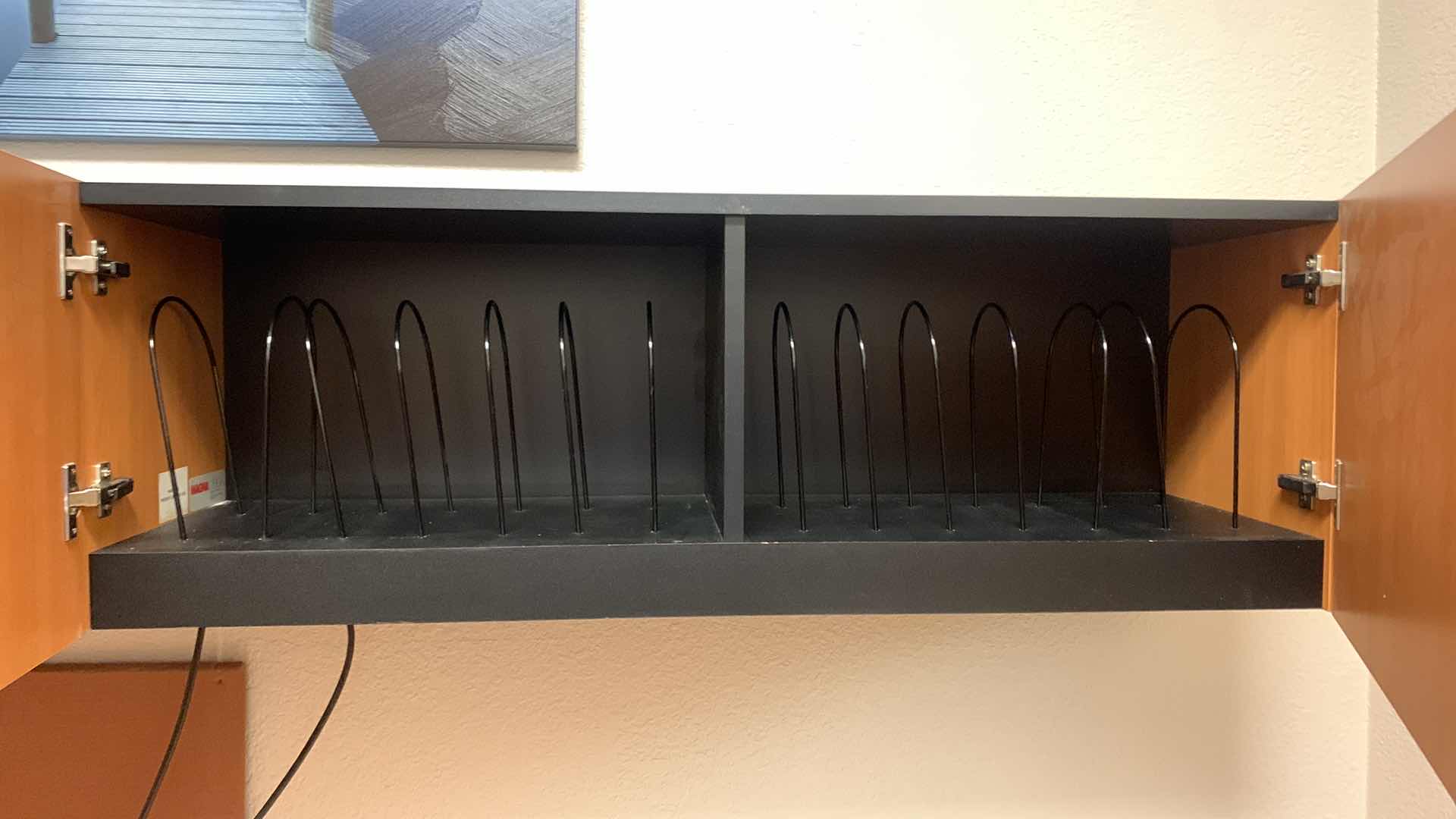 Photo 1 of MAGNA DESIGN LAS VEGAS WOOD WORK STATION/ OFFICE CORNER DESK UNIT 
ONE LOWER DESK  72” x 24” WITH RETURN 52” x 24”, ONE SOUND BOARD AND TWO UPPER CABINETS WITH LIGHTS AND METAL DIVIDERS