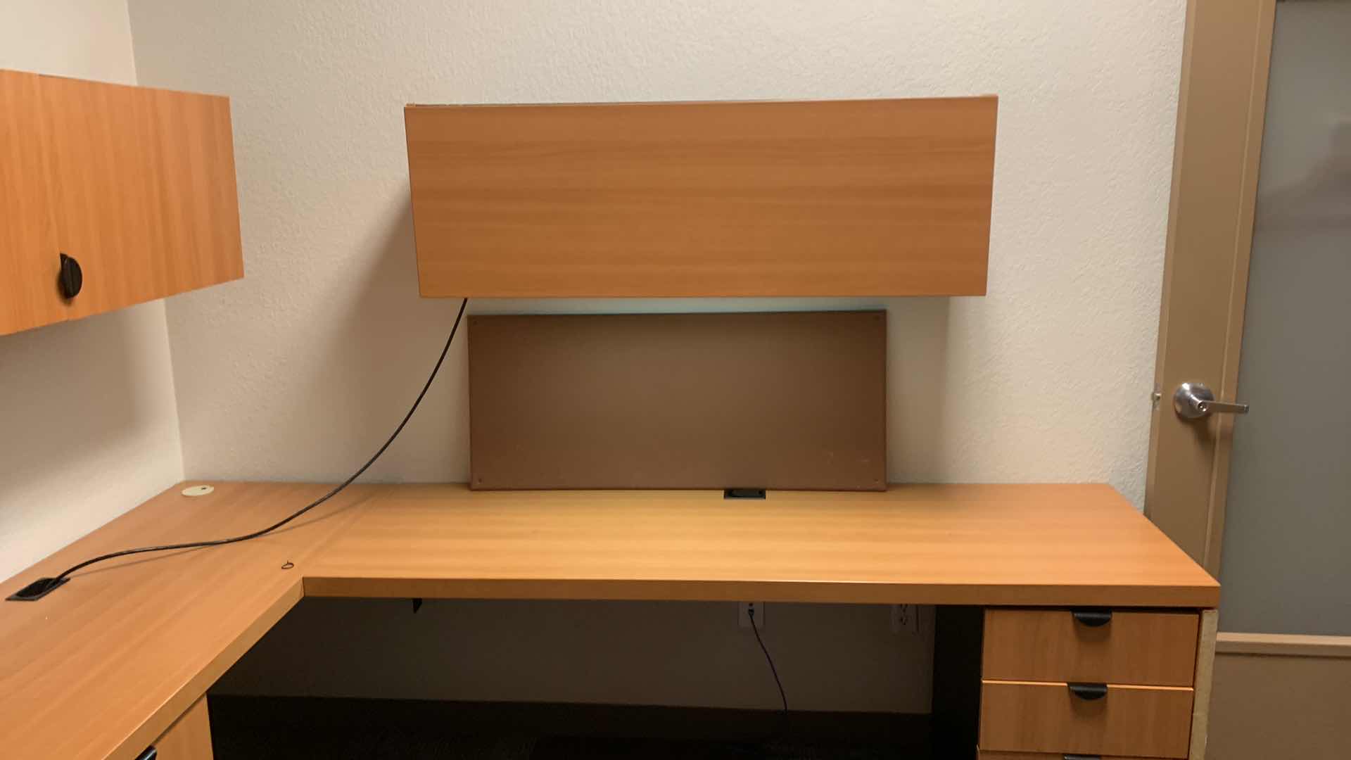 Photo 1 of MAGNA DESIGN LAS VEGAS WOOD WORK STATION/ OFFICE CORNER DESK UNIT 
ONE LOWER DESK  72” x 24” WITH RETURN 52” x 24”, ONE SOUND BOARD AND TWO UPPER CABINETS WITH LIGHTS AND METAL DIVIDERS