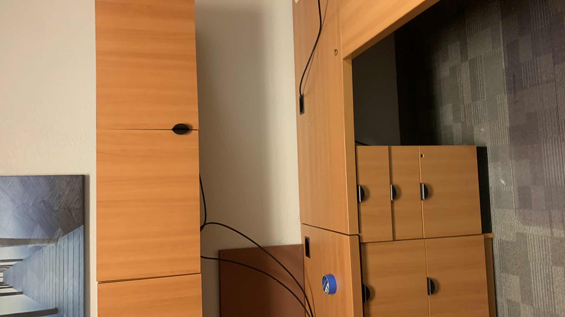 Photo 1 of MAGNA DESIGN LAS VEGAS WOOD WORK STATION/ OFFICE CORNER DESK UNIT 
ONE LOWER DESK  72” x 24” WITH RETURN 52” x 24”, ONE SOUND BOARD AND TWO UPPER CABINETS WITH LIGHTS AND METAL DIVIDERS