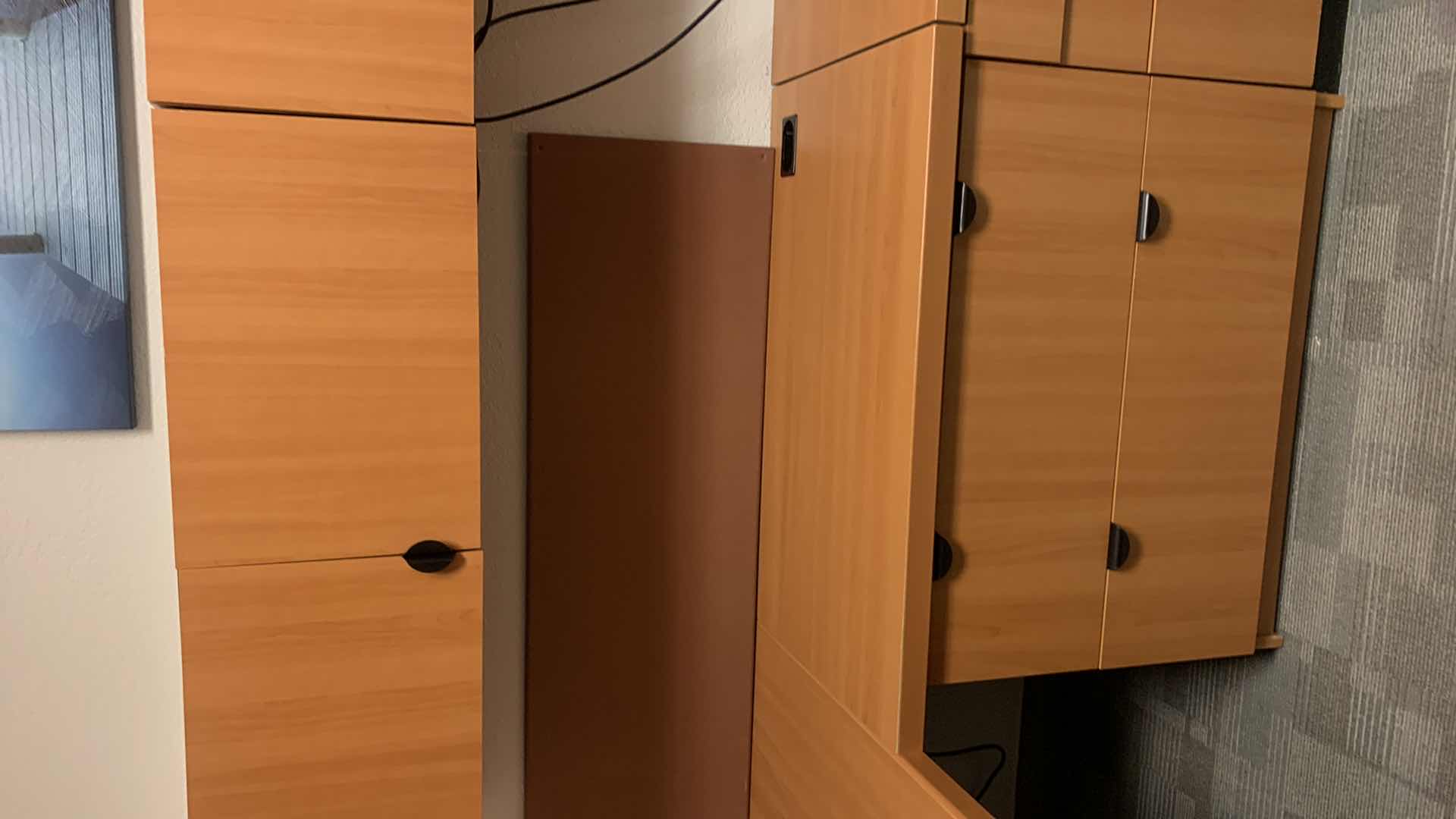 Photo 1 of MAGNA DESIGN LAS VEGAS WOOD WORK STATION/ OFFICE CORNER  UNIT CABINET, ONE SOUND BOARD AND ONE UPPER CABINET WITH LIGHTS AND METAL DIVIDERS