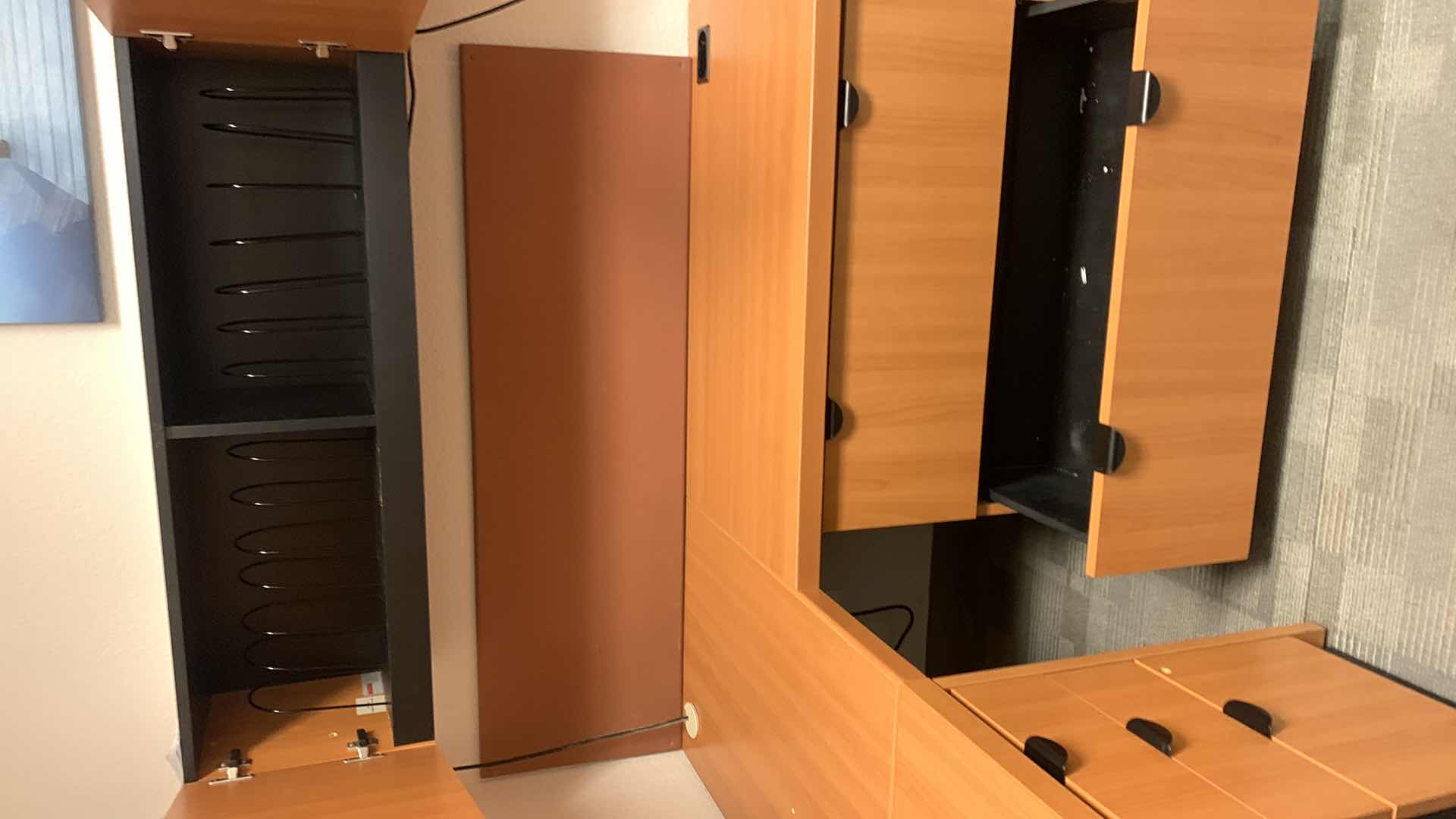 Photo 1 of MAGNA DESIGN LAS VEGAS WOOD WORK STATION/ OFFICE CORNER  UNIT CABINET, ONE SOUND BOARD AND ONE UPPER CABINET WITH LIGHTS AND METAL DIVIDERS