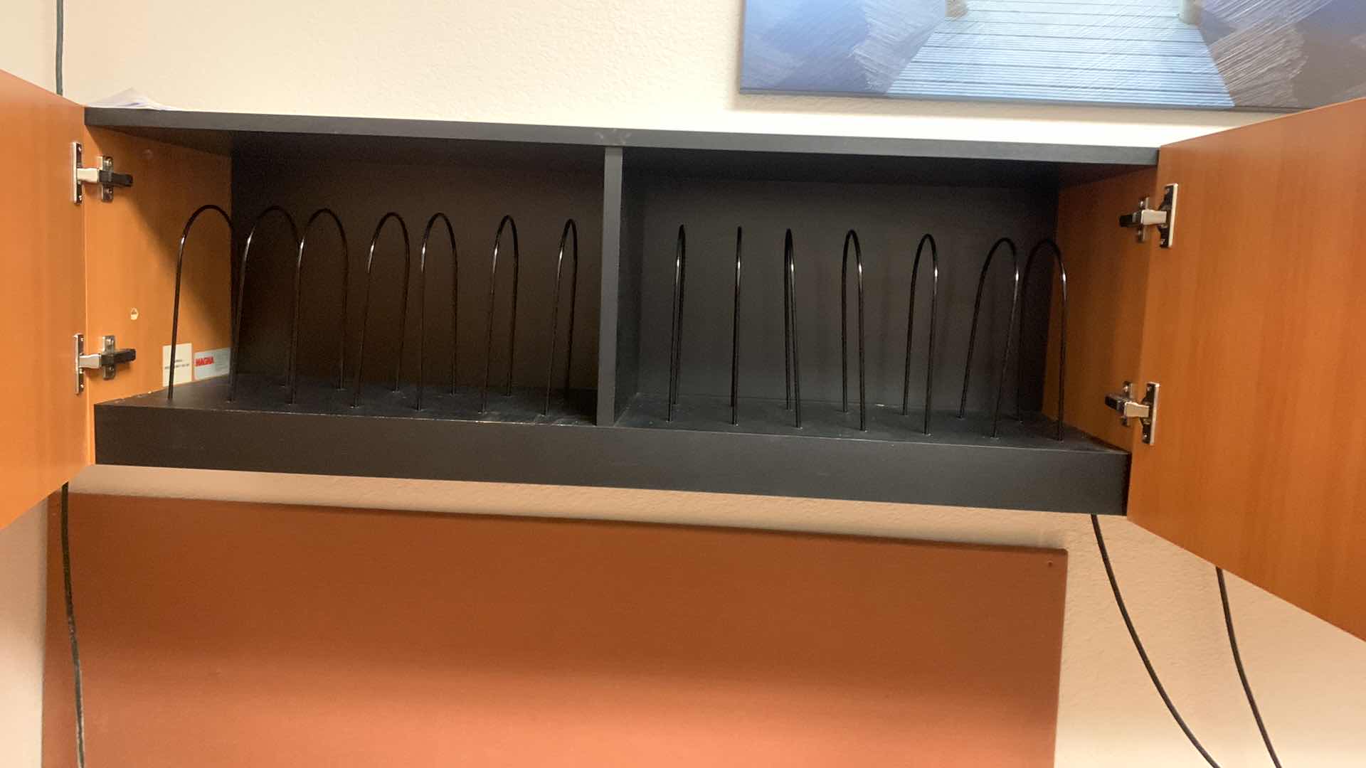 Photo 1 of MAGNA DESIGN LAS VEGAS WOOD WORK STATION/ OFFICE CORNER  UNIT CABINET, ONE SOUND BOARD AND ONE UPPER CABINET WITH LIGHTS AND METAL DIVIDERS