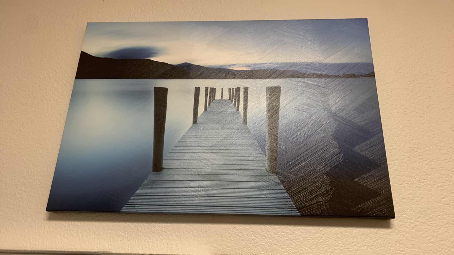 Photo 1 of ARTWORK, BLUE SND WHITE PIER ON LAKE STRETCHED CANVAS 36” x 24”