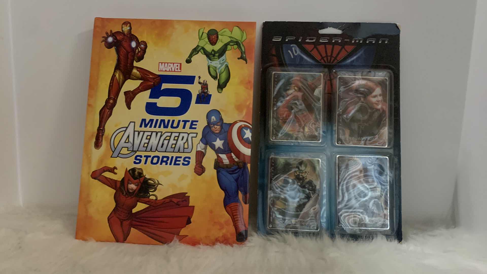 Photo 1 of SPIDER-MAN COLLECTIBLES, 4 PACK OF CARDS AND HARDCOVER BOOK