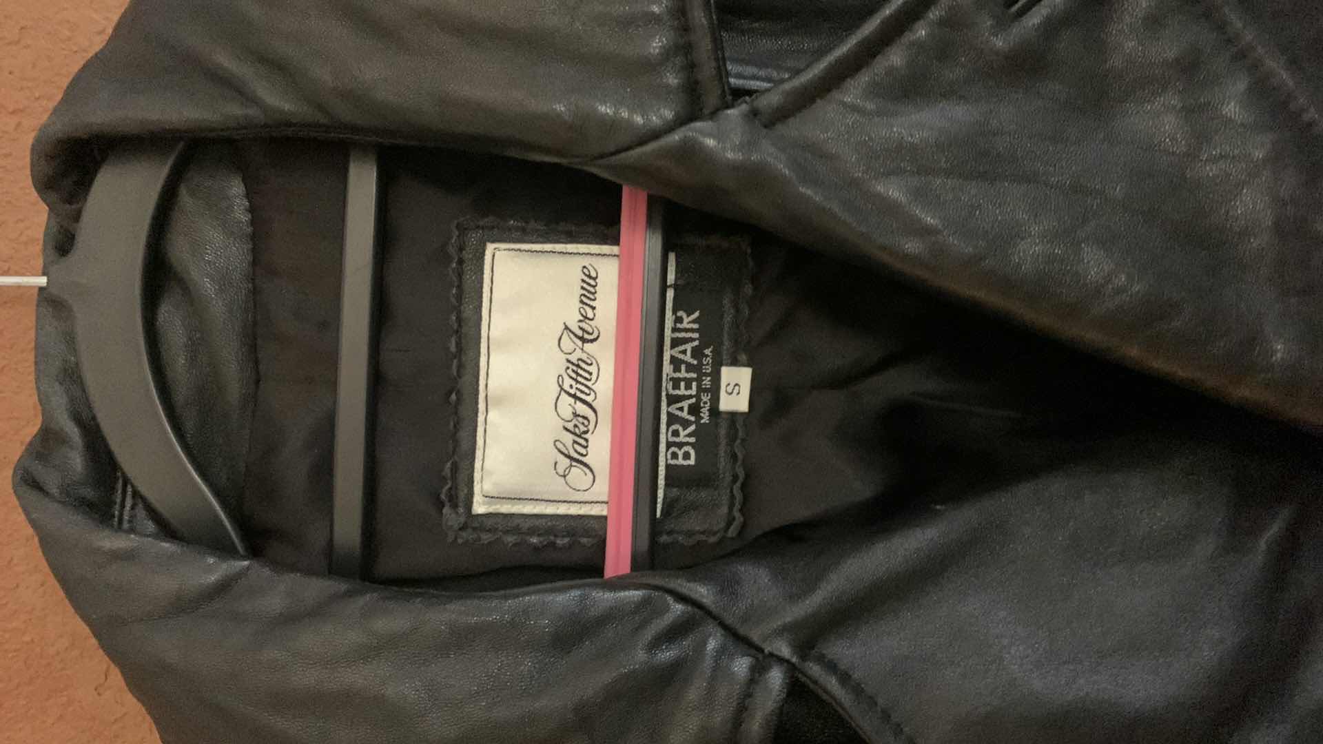 Photo 1 of SAKS FIFTH AVENUE BLACK LEATHER CALF LENGTH TRENCH COAT SIZE SMALL