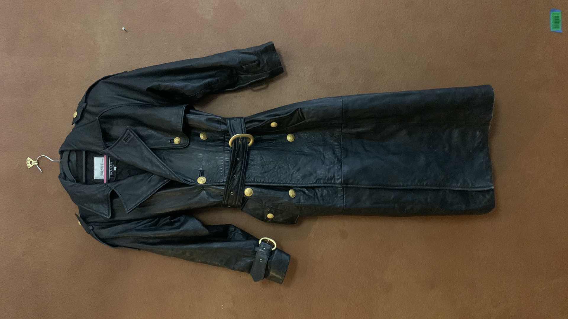 Photo 2 of SAKS FIFTH AVENUE BLACK LEATHER CALF LENGTH TRENCH COAT SIZE SMALL