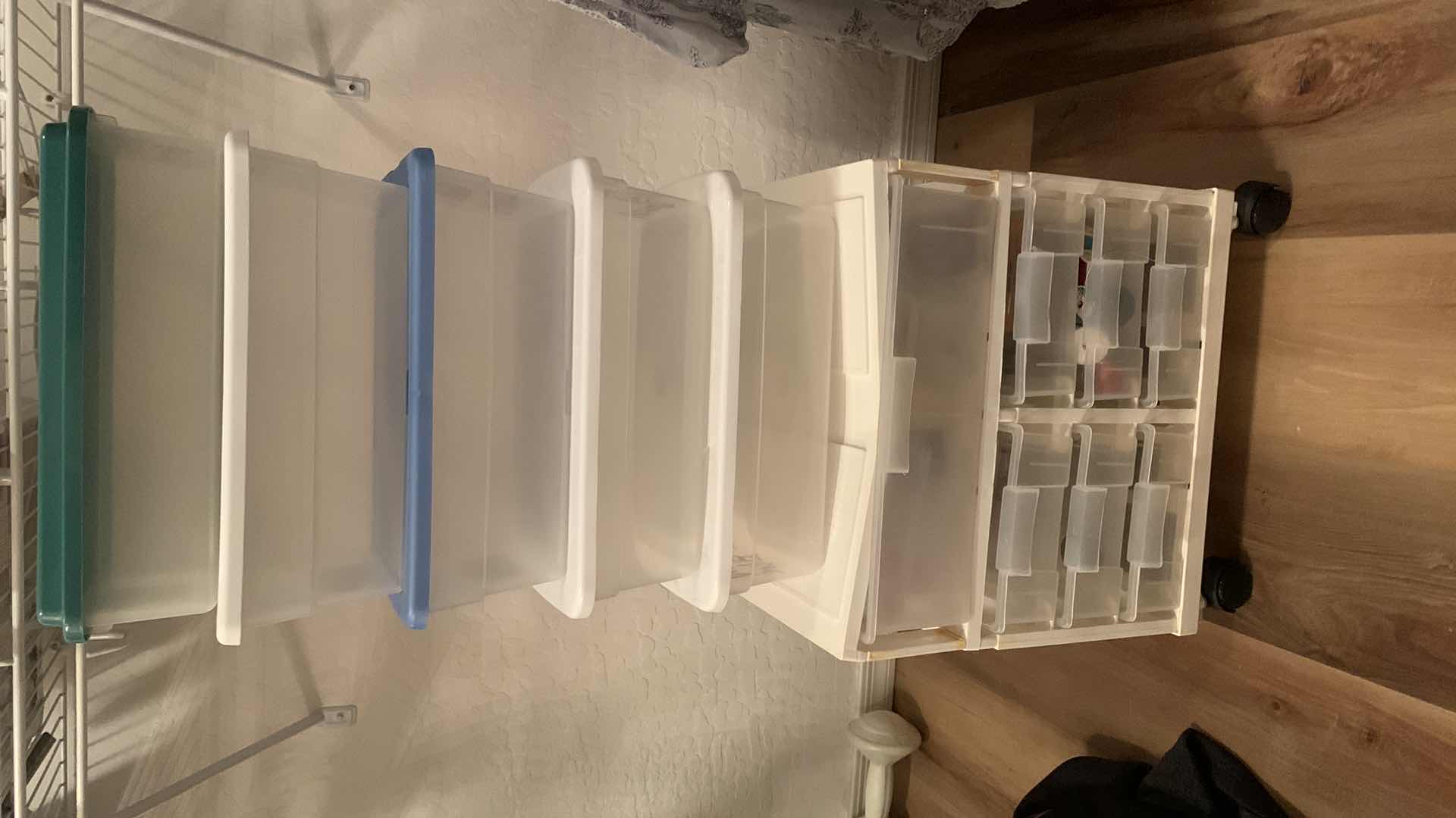 Photo 1 of WHEELED STORAGE TOTE W SEWING AND CRAFT SUPPLIES AND 5 STORAGE CONTAINERS