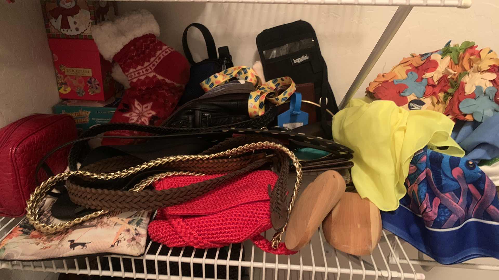 Photo 1 of SHELF FULL OF MISC WOMENS ITEMS, BAGS SCARVES BELTS AND MORE