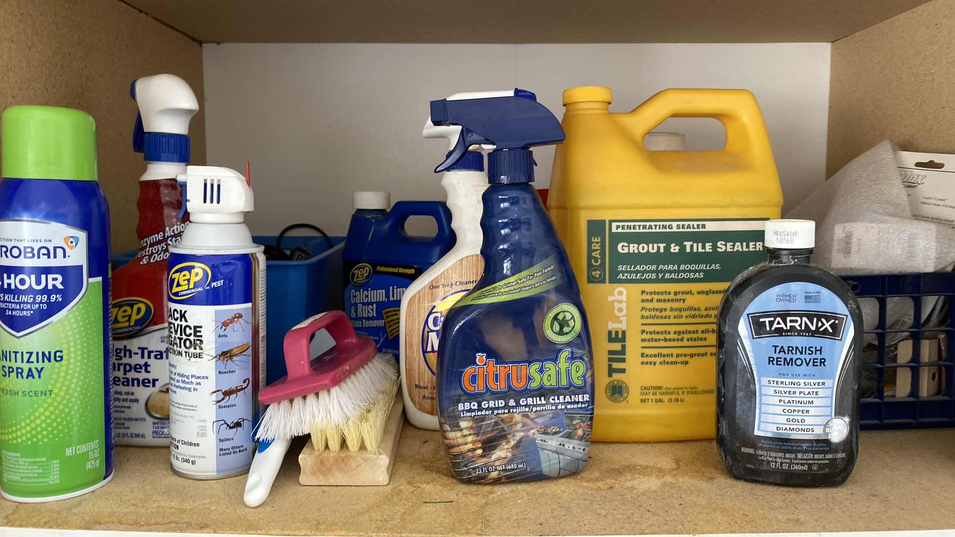 Photo 1 of 2 SHELVES OF GARAGE CABINET CLEANING SUPPLIES AND MISC HOUSEHOLD ITEMS
