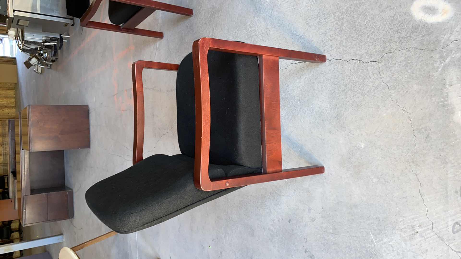 Photo 1 of BLACK OFFICE CHAIR WITH CHERRY WOOD ARMS