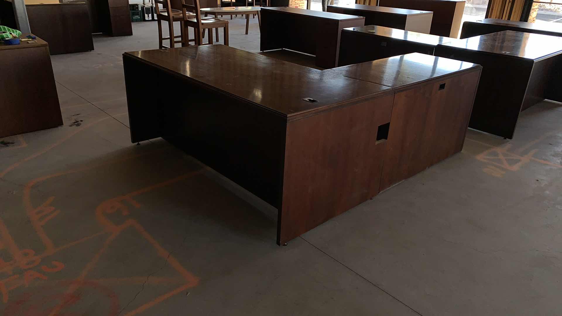 Photo 1 of L SHAPED WOOD EXECUTIVE DESK w RETURN 
DESK 72 x 37 x H 30
RETURN 49 x 24 H 30