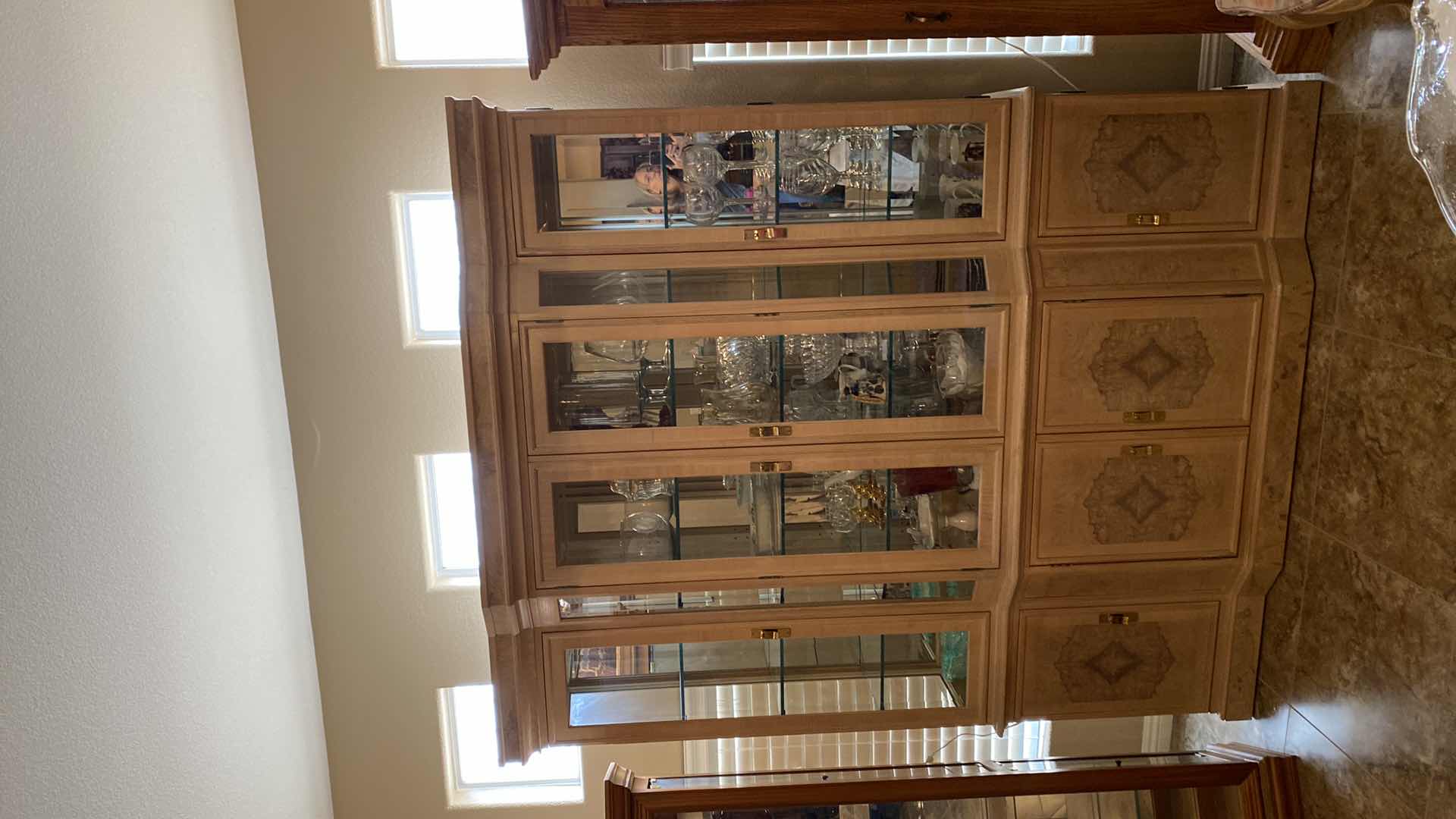 View 3 of BLONDE WOOD CHINA DISPLAY WITH 4 DOORS, 3 DRAWERS AND LIGHTS 68" X 18" H83" (CONTENTS NOT INCLUDED)