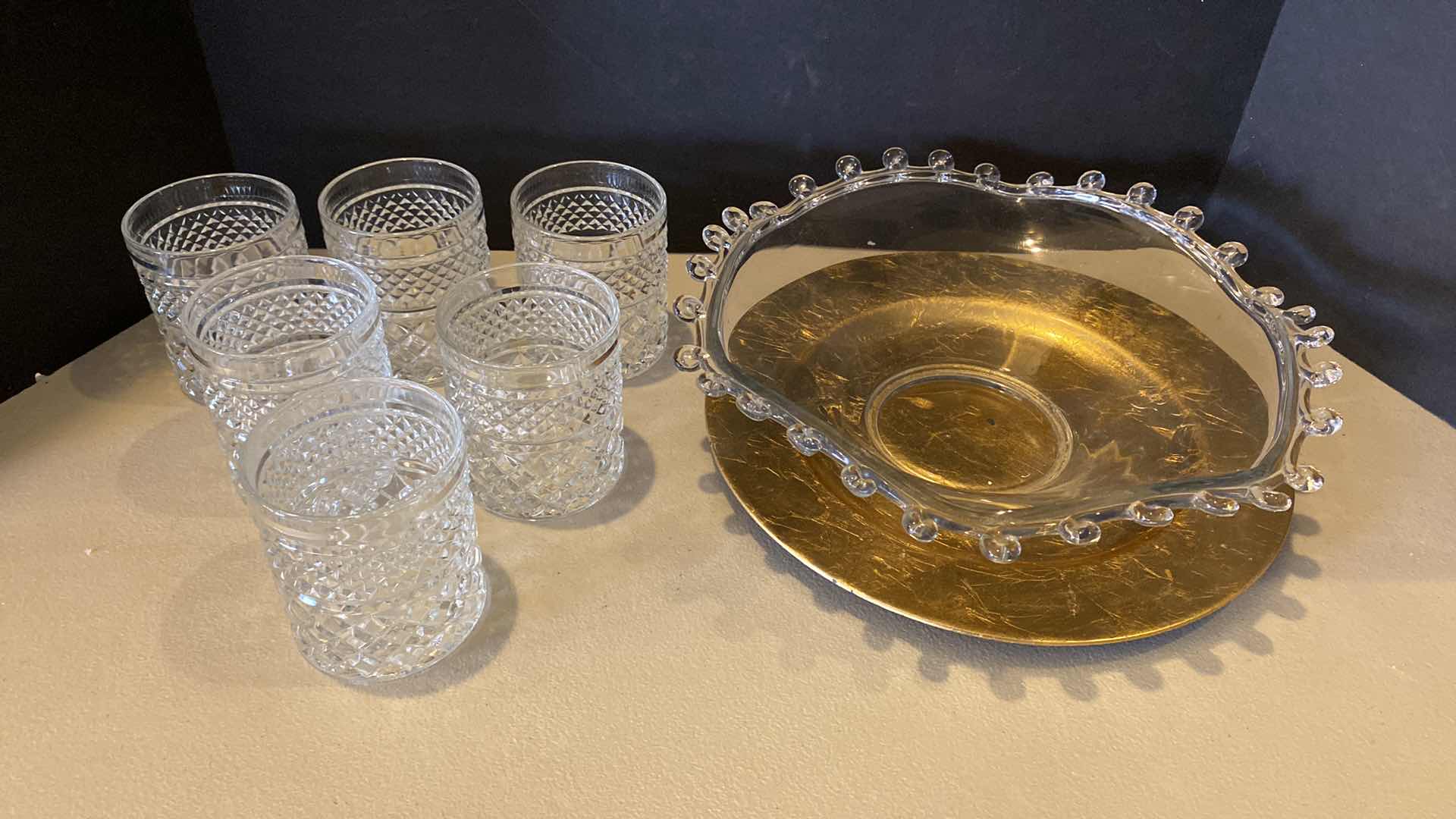 Photo 1 of 6 ROCKS CRYSTAL GLASSES, GLASS BOWL AND PLASTIC CHARGER