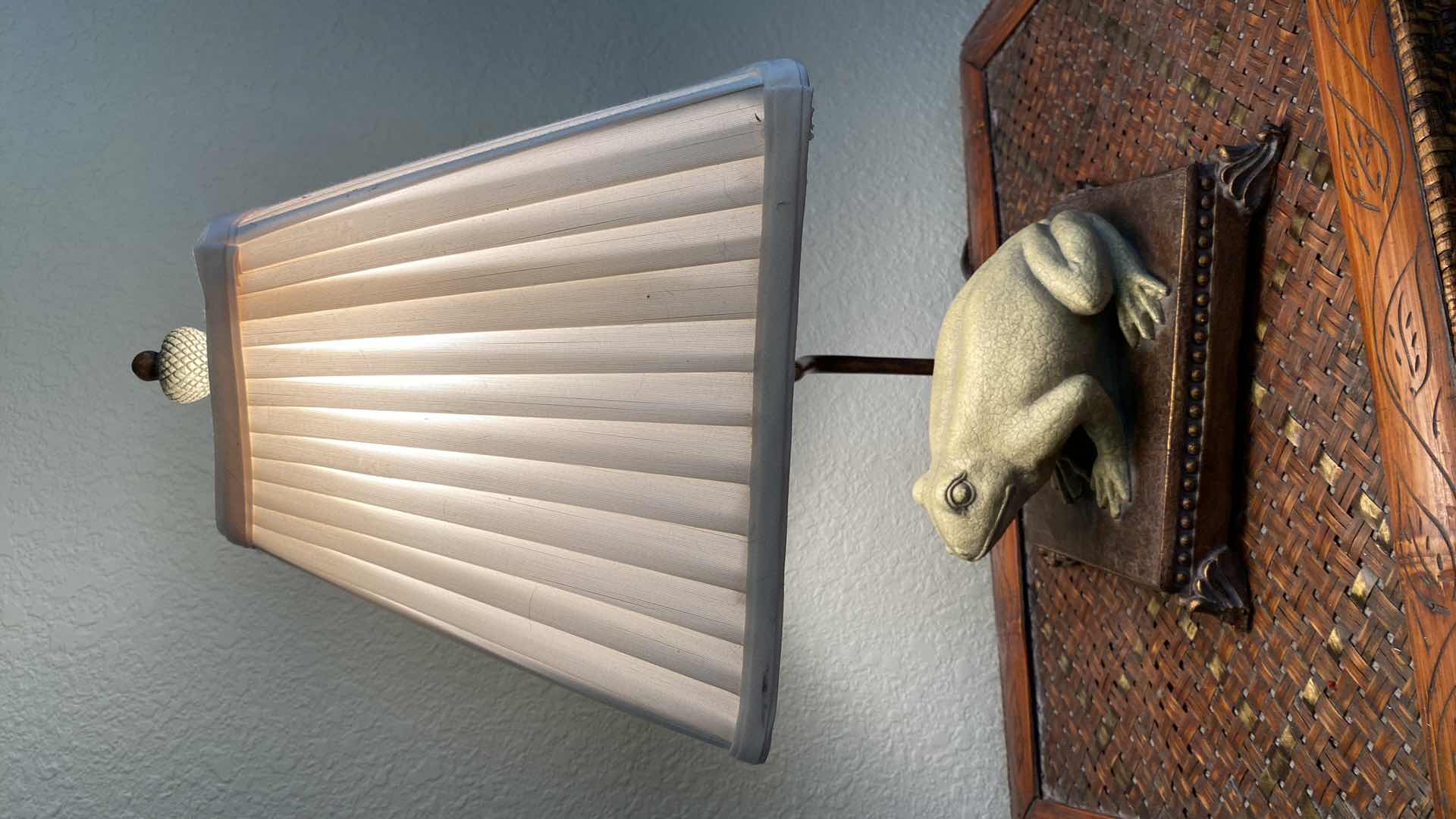 Photo 1 of RATTAN AND WOOD NIGHT STANDS 22” X 15” H22” AND FROG LAMP H18”