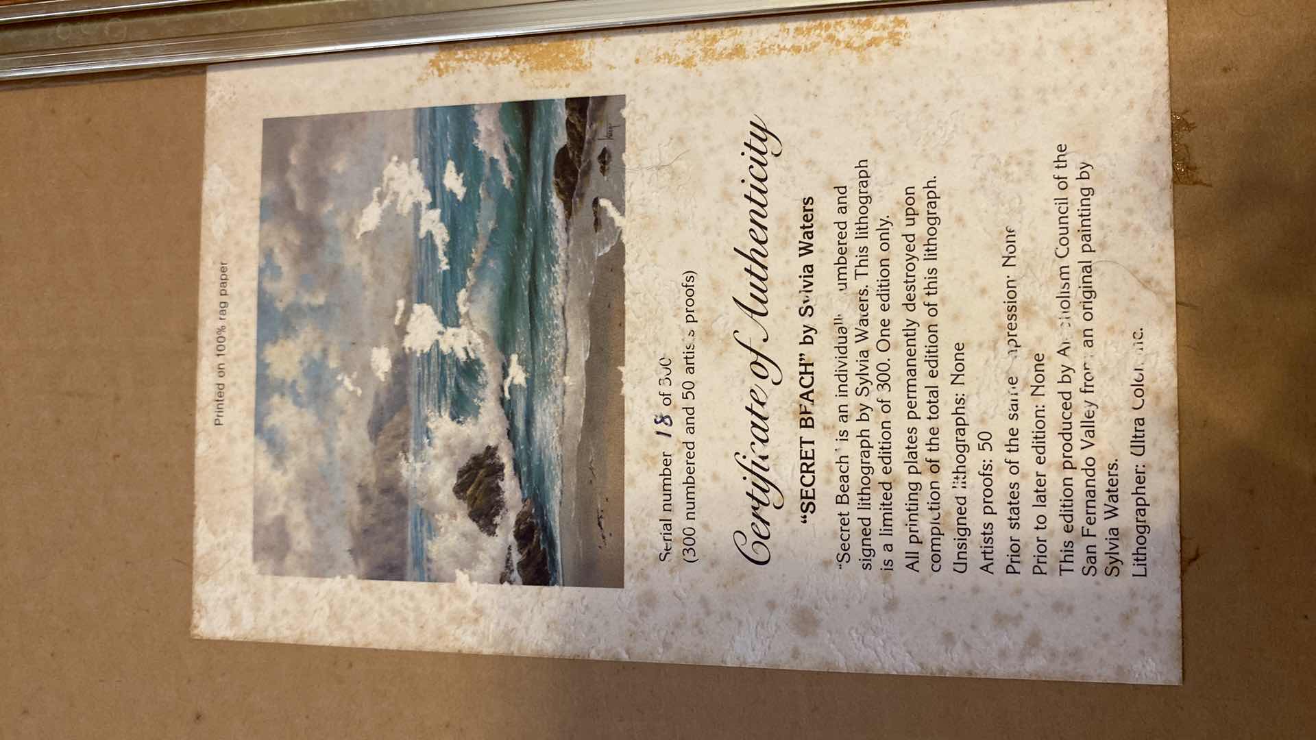 Photo 1 of FRAMED SECRET BEACH LITHOGRAPH 18/300 SIGNED SYLVIA WATERS WITH COA 26” X 22”