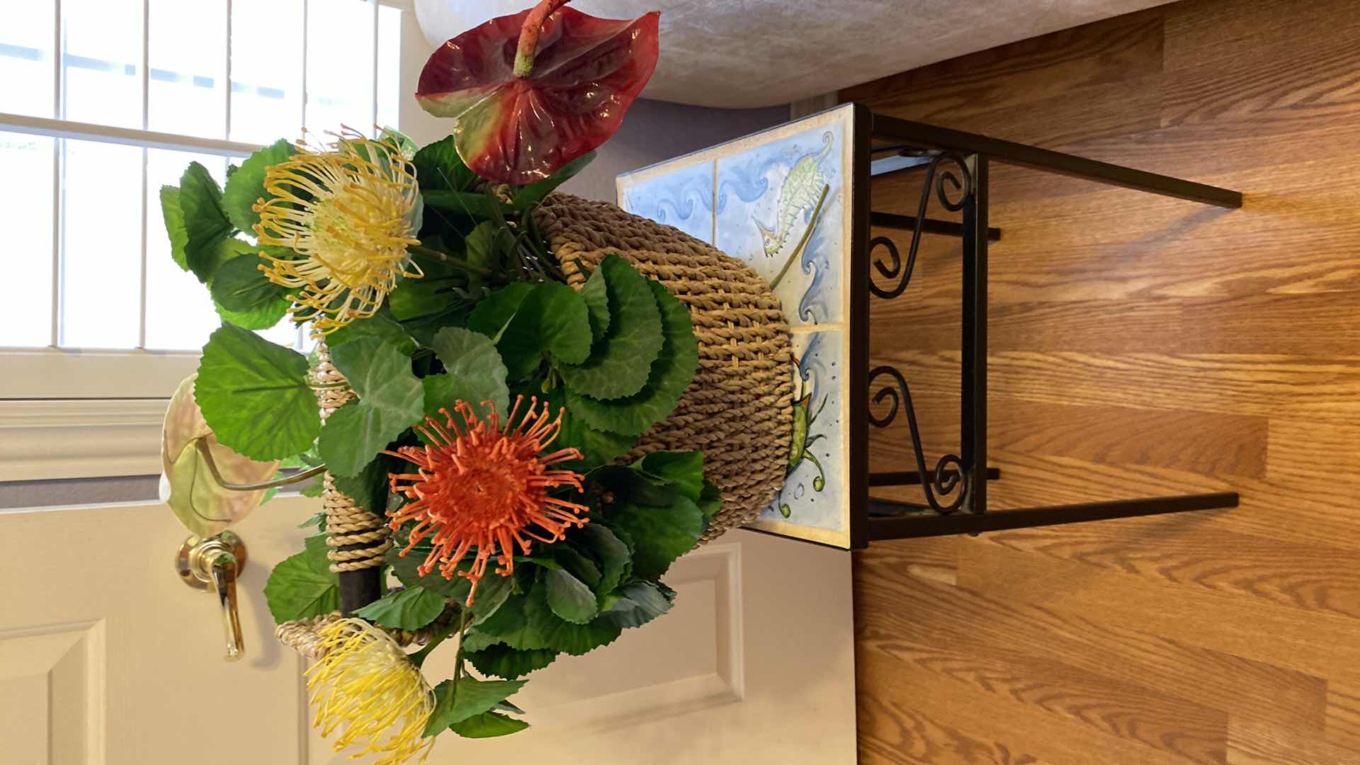 Photo 1 of TILE TOP TABLE 13” X 13” H23” AND FAUX TROPICAL PLANT