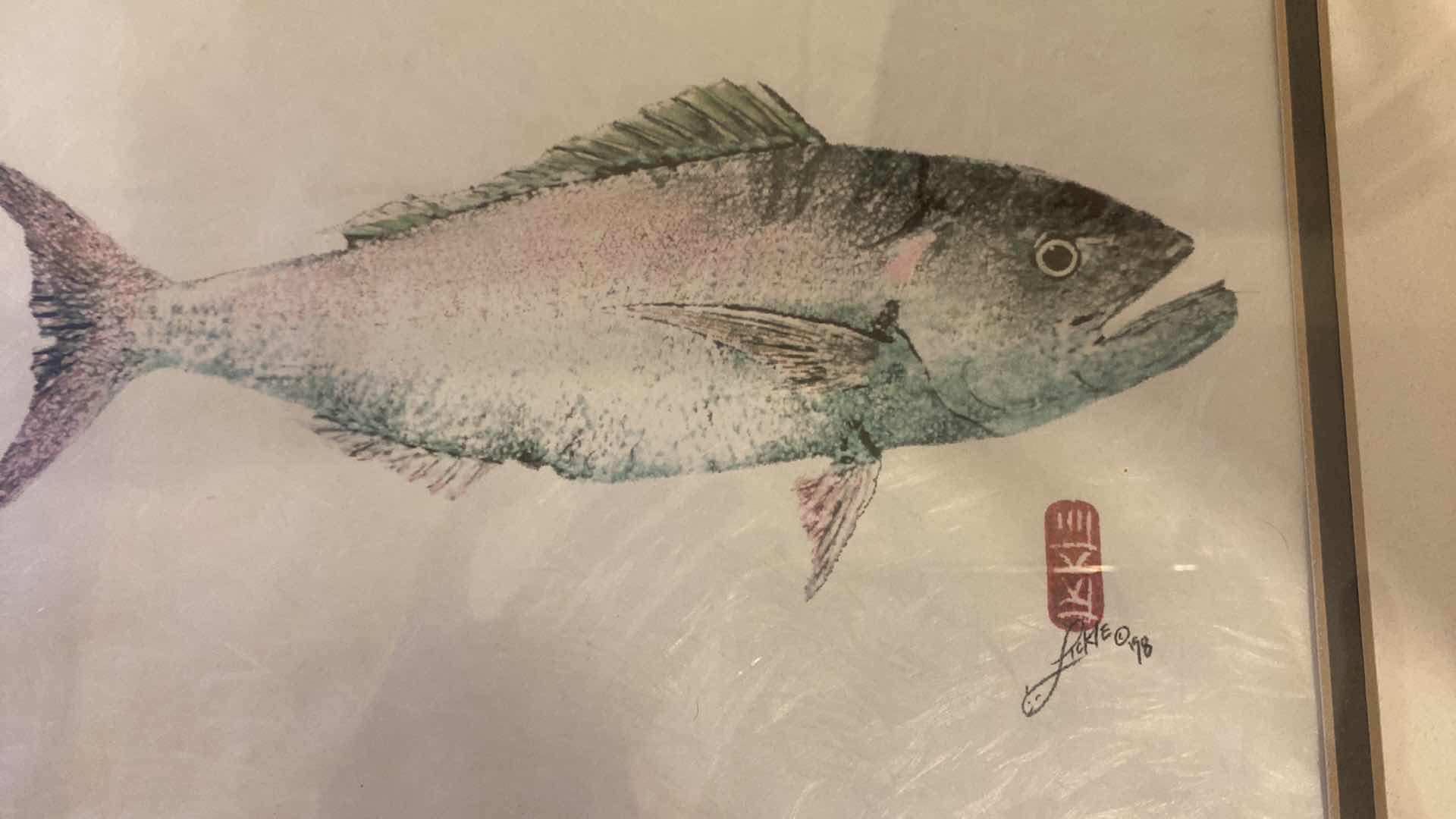 Photo 1 of VINTAGE SIGNED FRAMED PAIR OF NATURAL IMPRESSIONS FISH MAUI 16” X 13” WITH PAPERWORK