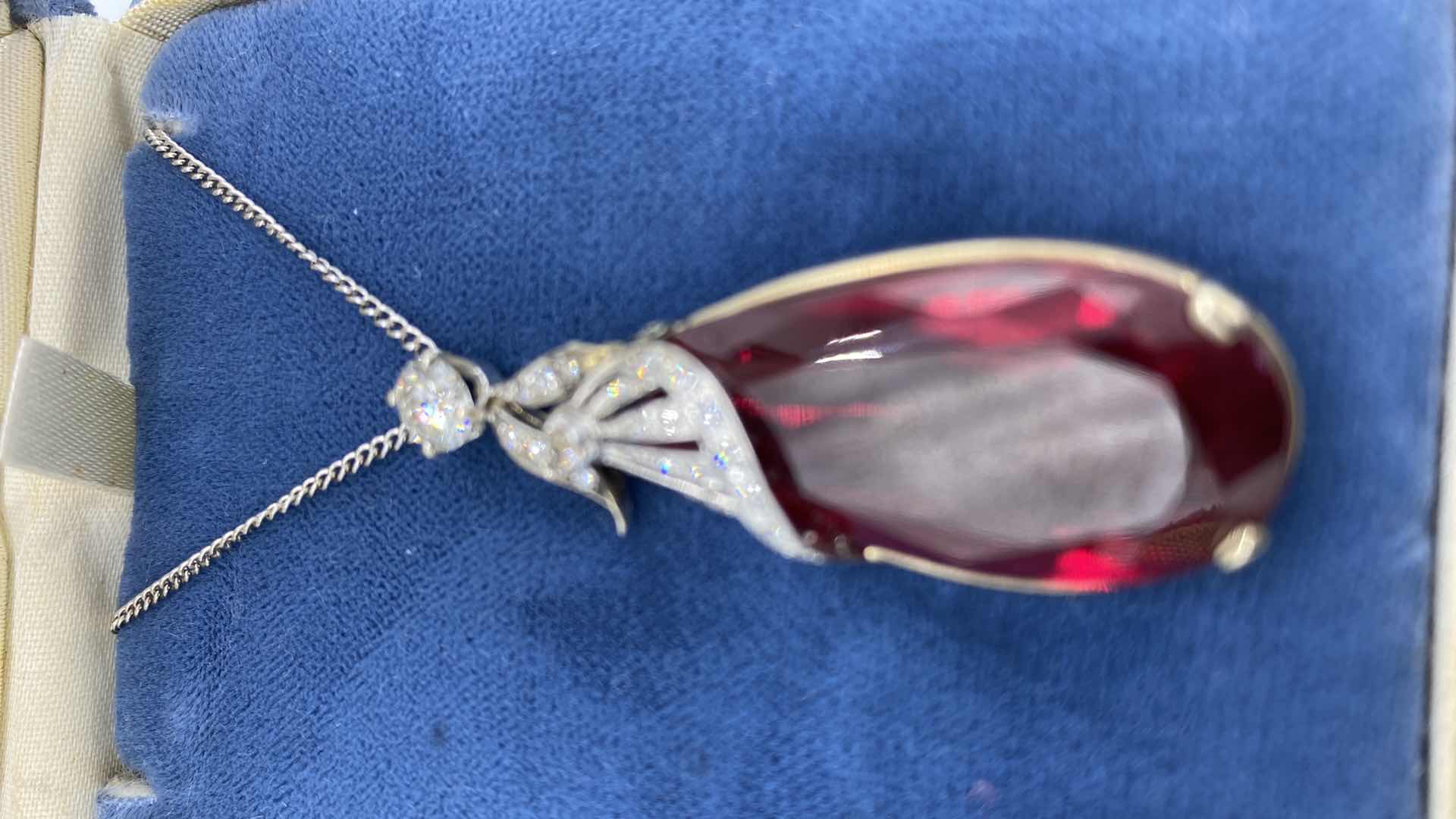 Photo 1 of 18” 14K GOLD CHAIN WITH DIAMONDS AND SIMULATED RUBY PENDANT 1.75”