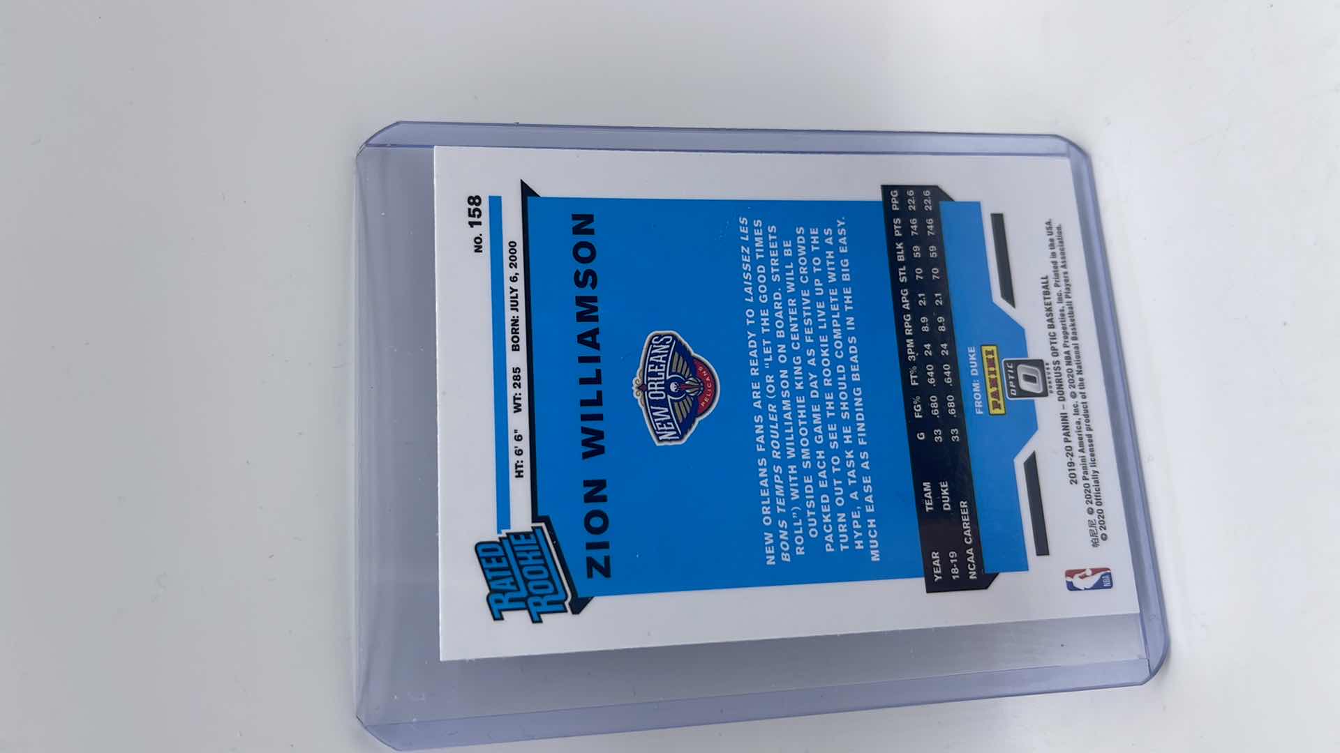 Photo 1 of 2019-20 ZION WILLIAMSON PANINI RATED ROOKIE CARD 158