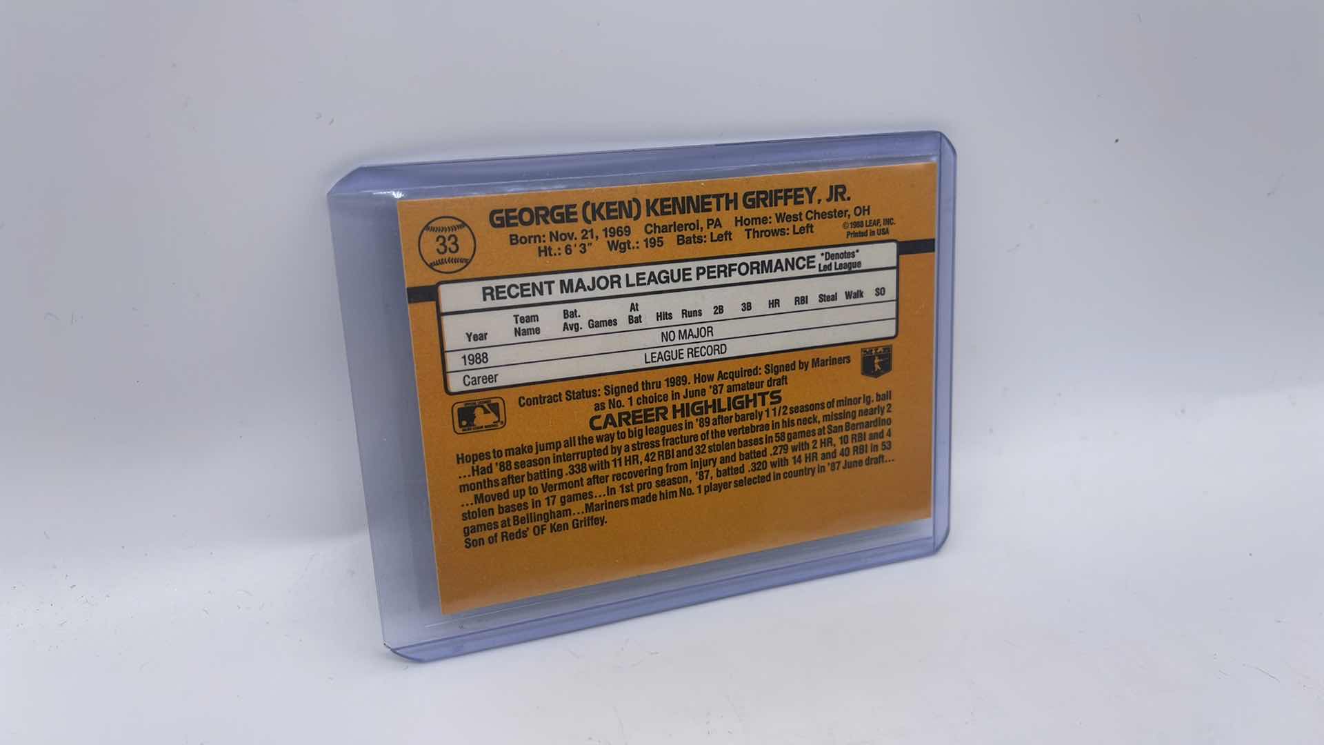 Photo 1 of 1989 KEN GRIFFEY JR DONRUSS RATED ROOKIE CARD 33