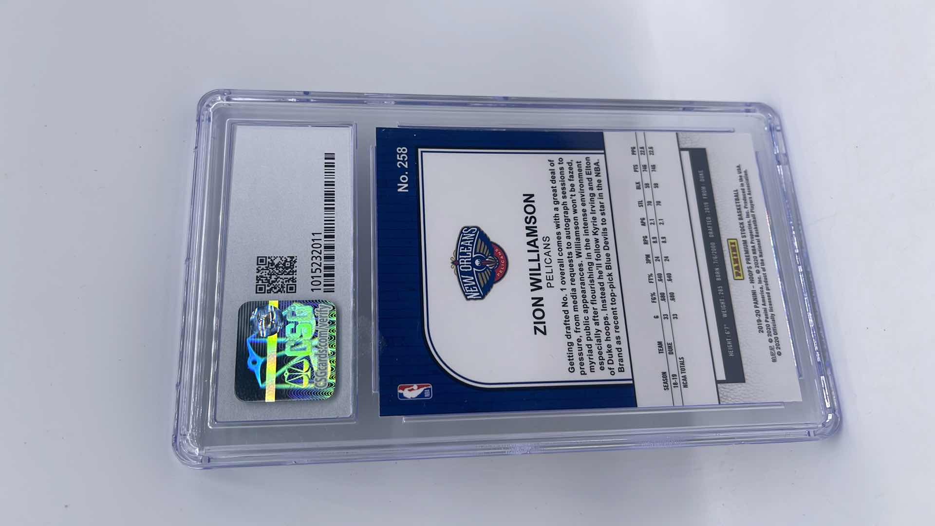 Photo 1 of 2019-20 ZION WILLIAMSON PANINI HOOPS PREMIUM STOCK ROOKIE CARD 258 RATED 8.5