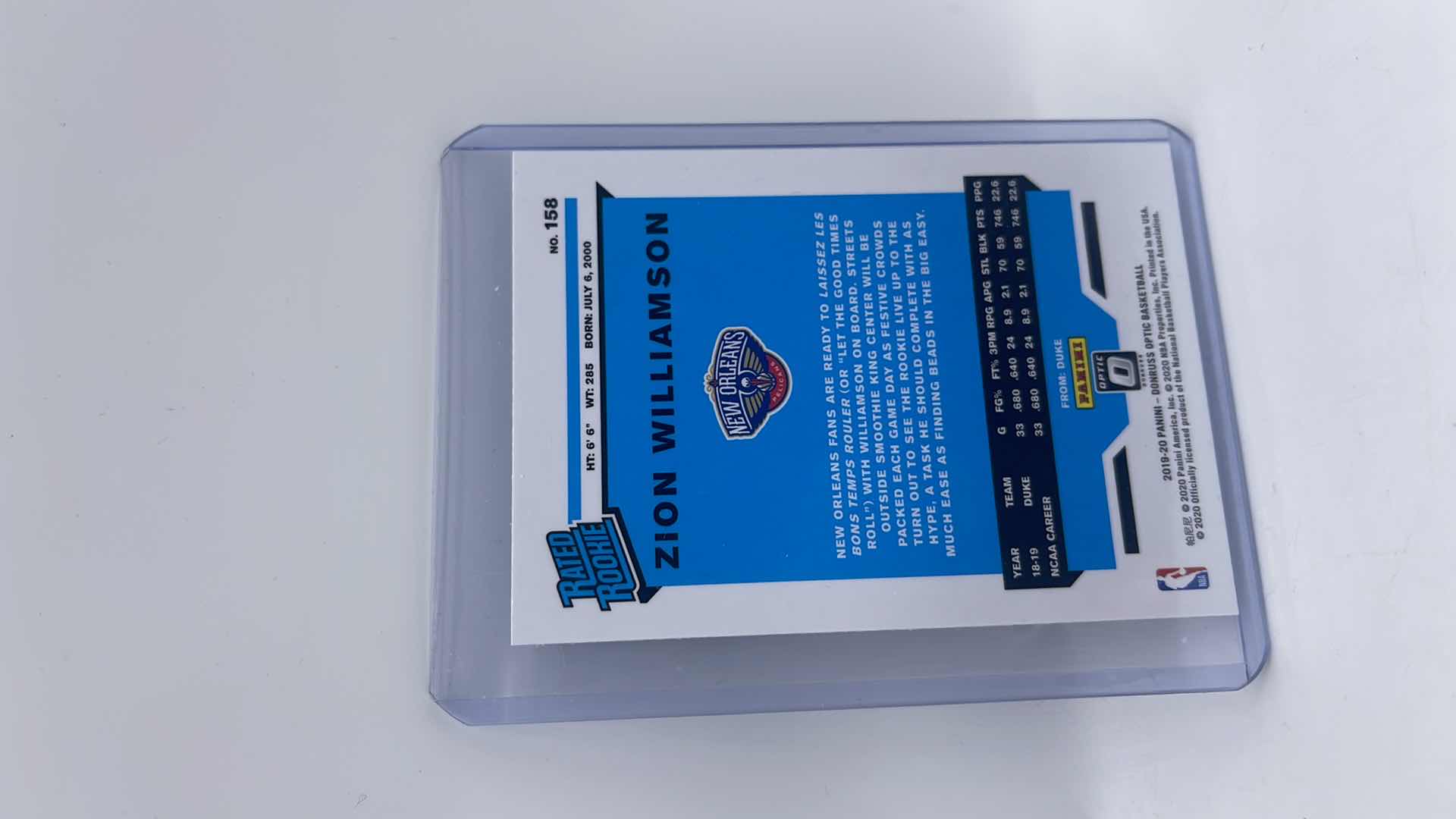 Photo 1 of 2019-20 ZION WILLIAMSON PANINI RATED ROOKIE CARD 158